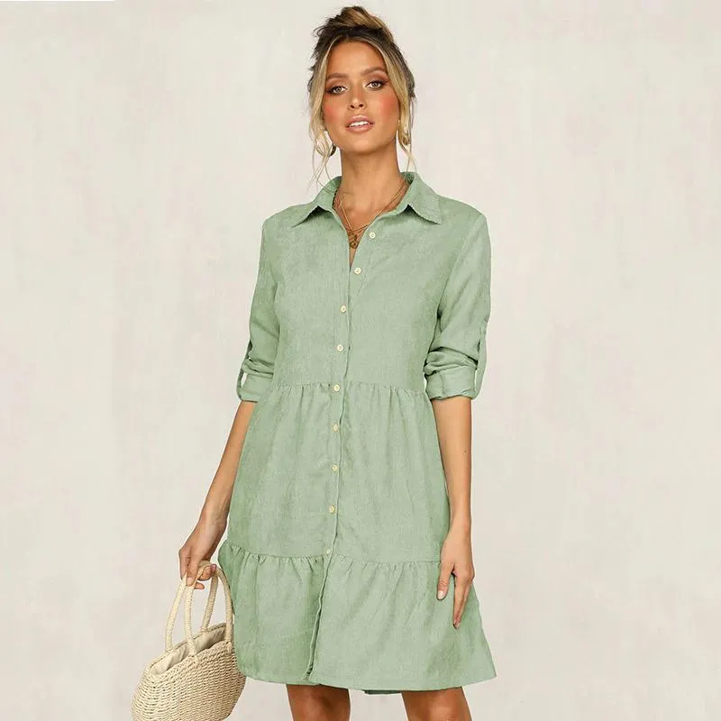 Flattering Long Sleeve Turn-Down Collar Dress