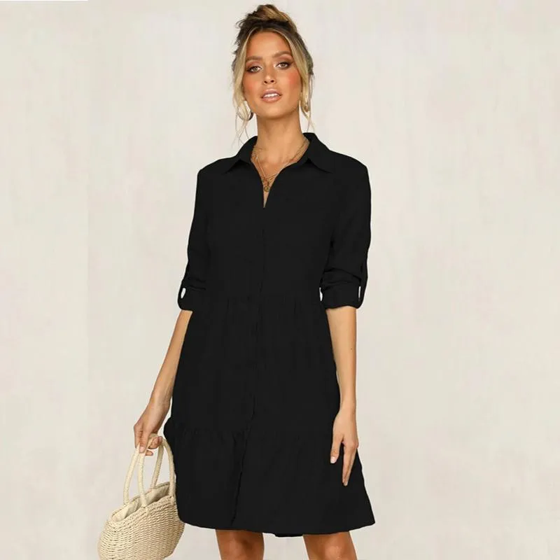 Flattering Long Sleeve Turn-Down Collar Dress