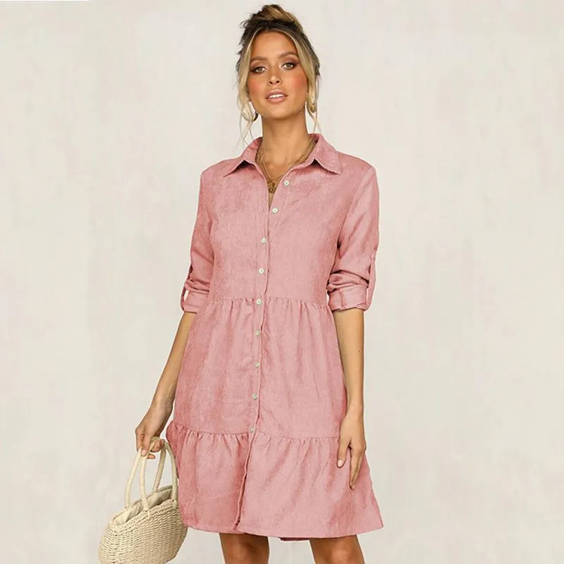 Flattering Long Sleeve Turn-Down Collar Dress