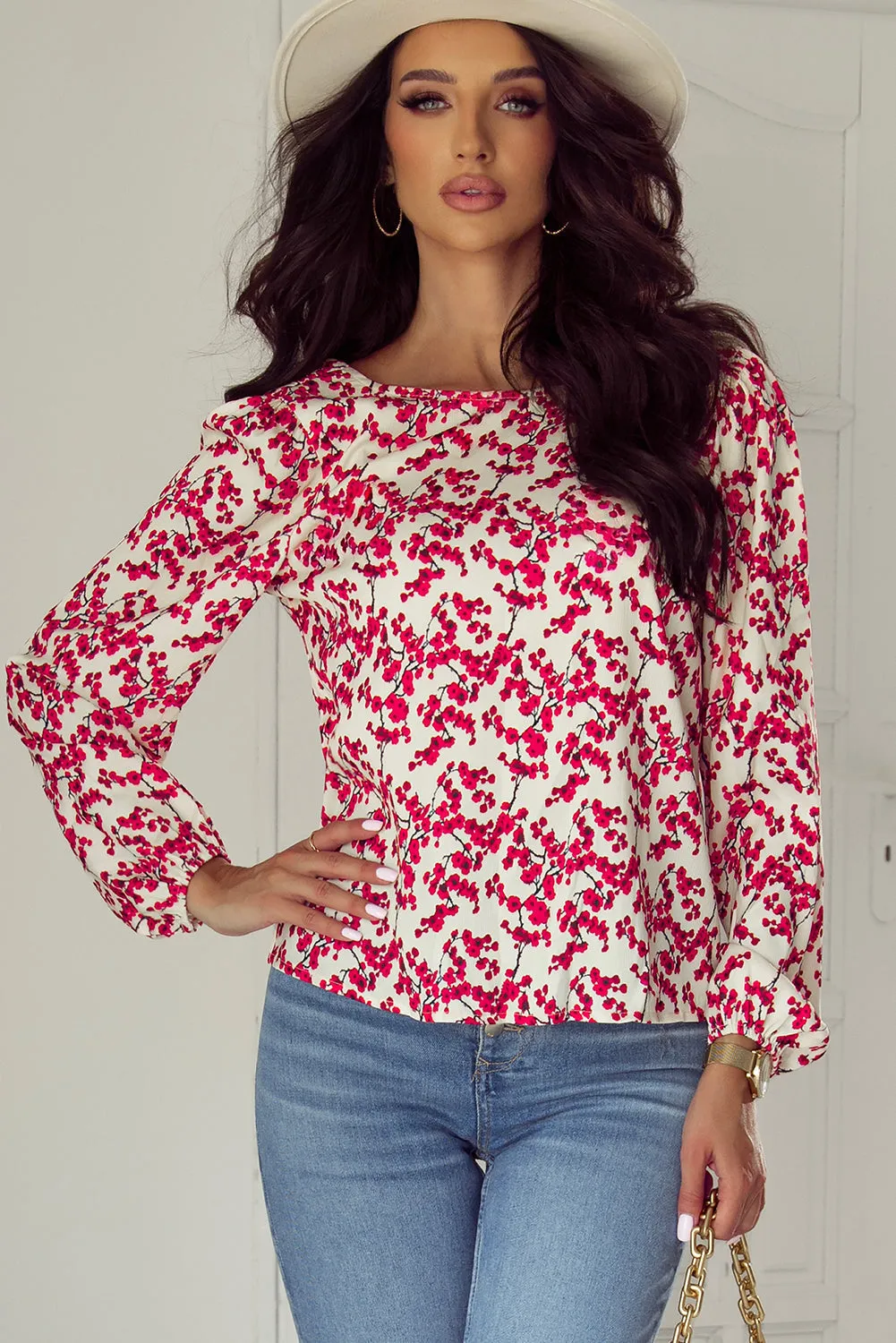 Floral Print Open Back Blouse