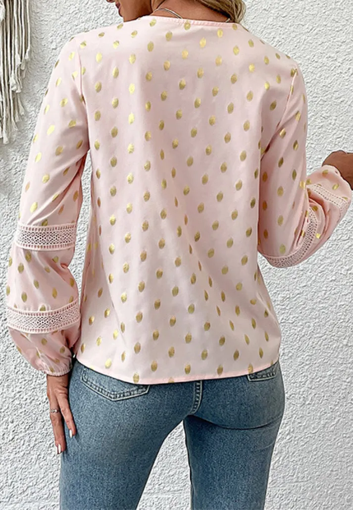 Glamorous Gold Dot Lantern Sleeve Tunic Blouse - Must-Have for Women!