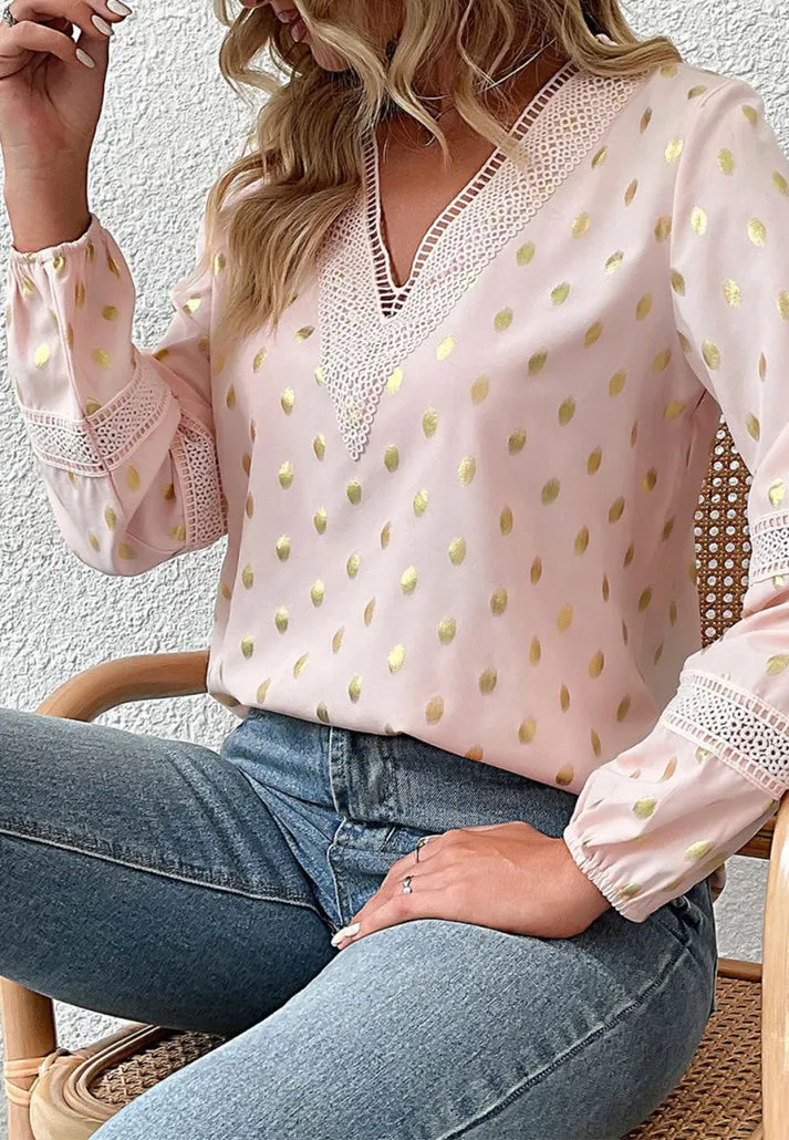 Glamorous Gold Dot Lantern Sleeve Tunic Blouse - Must-Have for Women!