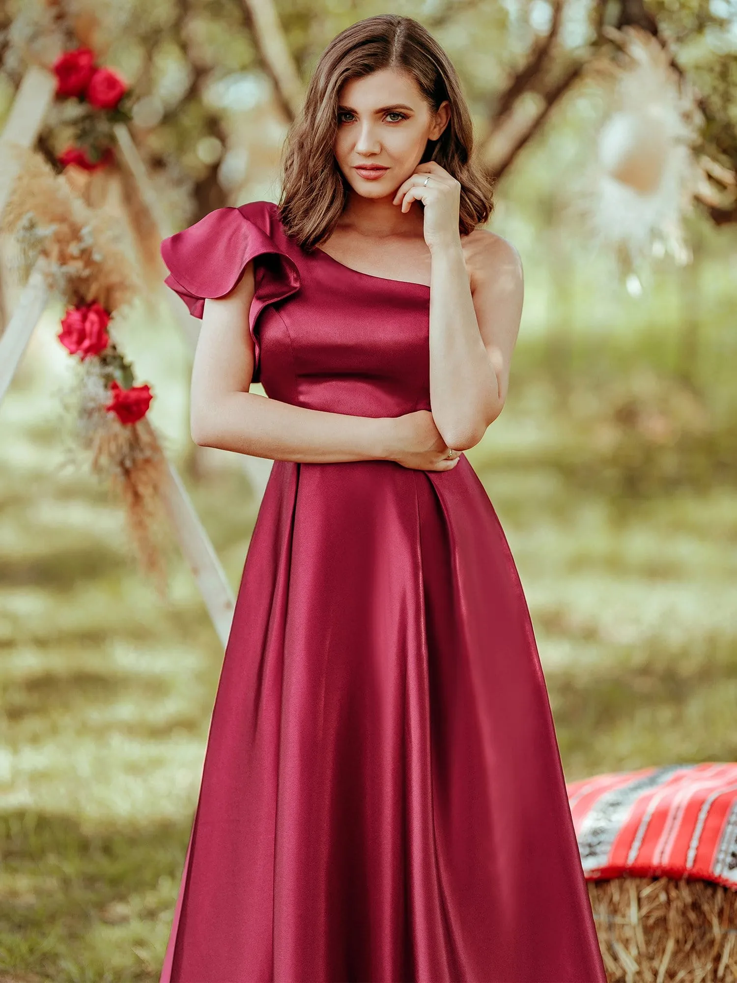 Gorgeous A-Line One-Shoulder Ruffle Sleeves Flattering Prom Dress