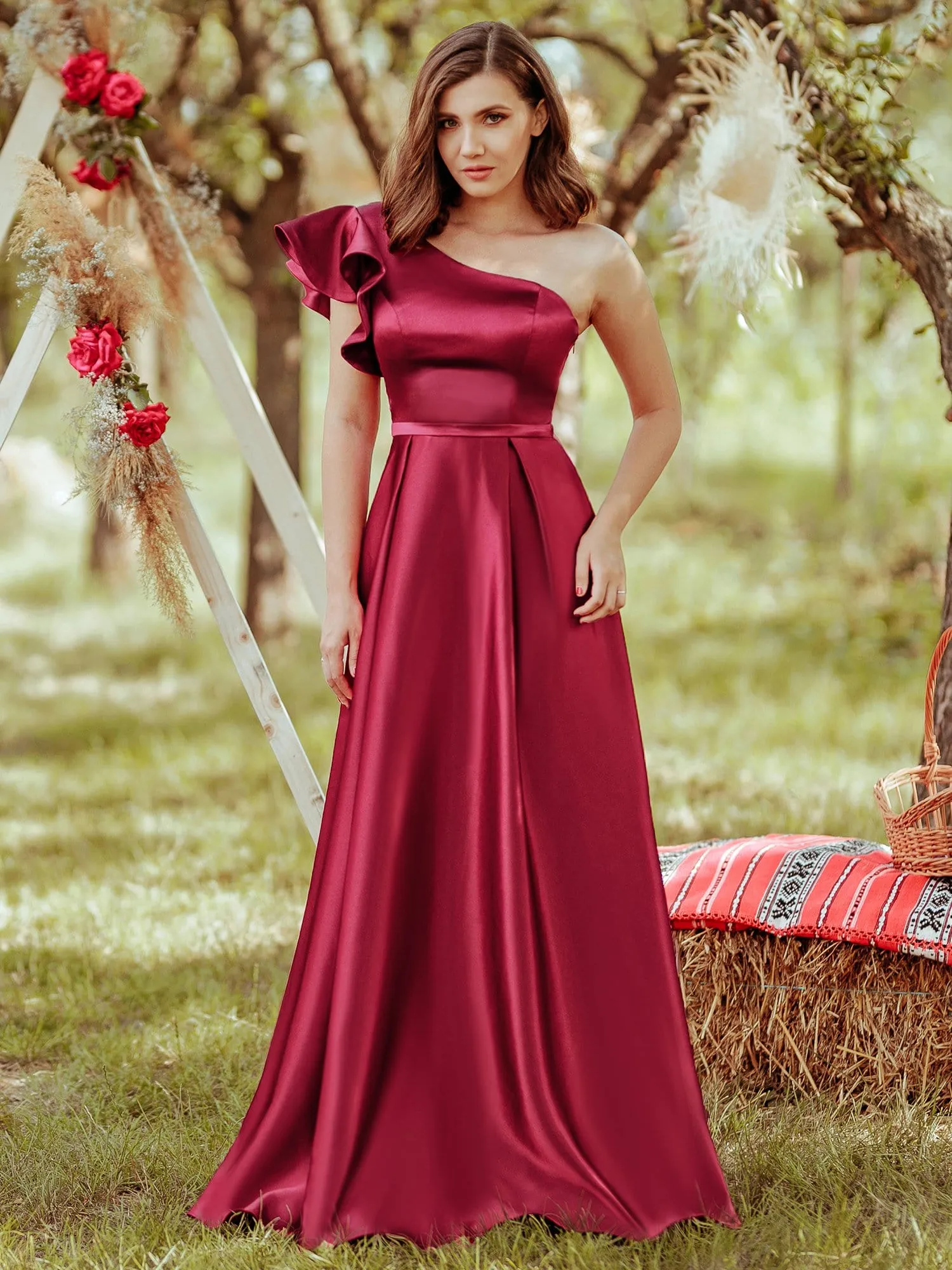 Gorgeous A-Line One-Shoulder Ruffle Sleeves Flattering Prom Dress