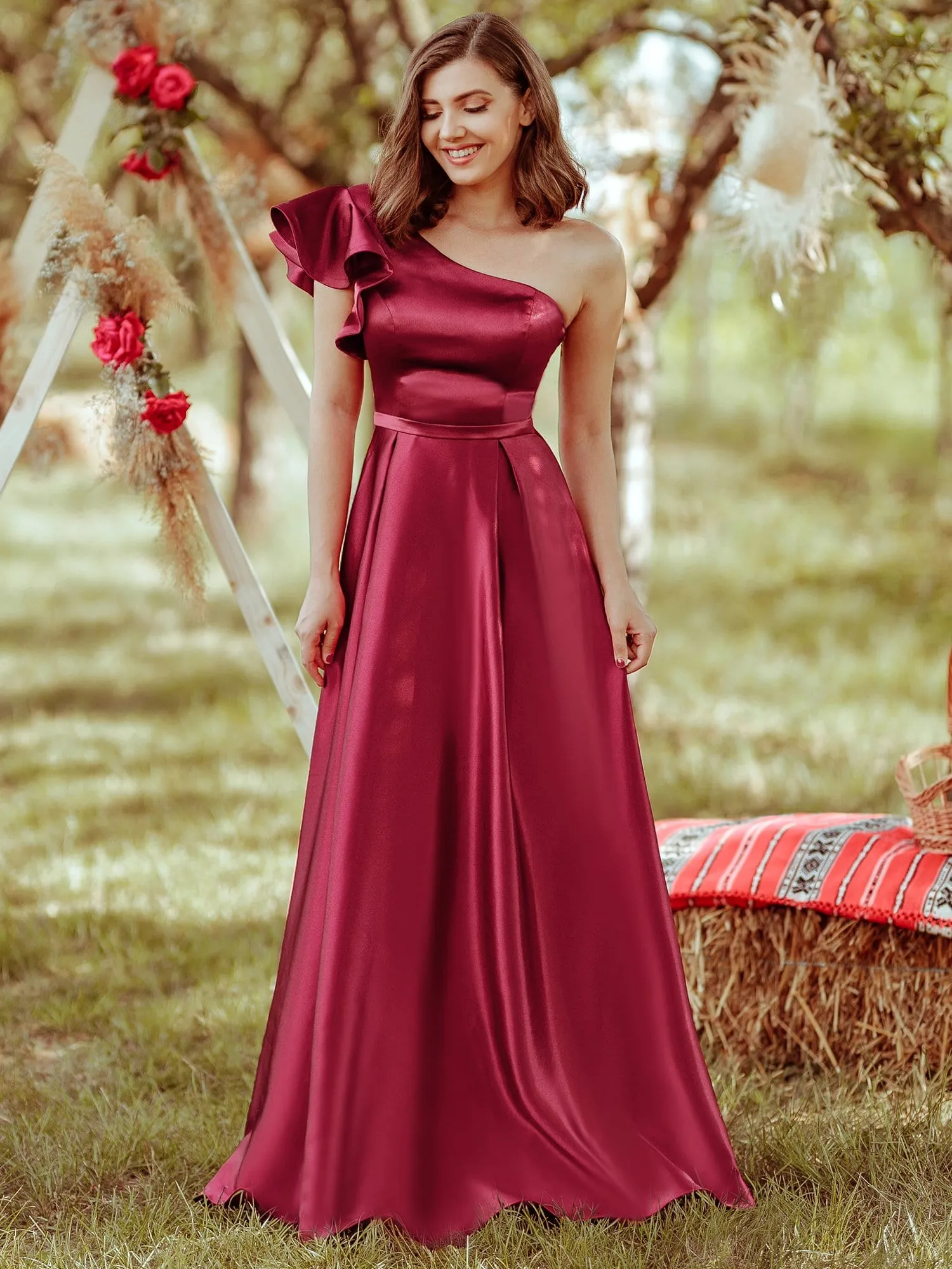 Gorgeous A-Line One-Shoulder Ruffle Sleeves Flattering Prom Dress