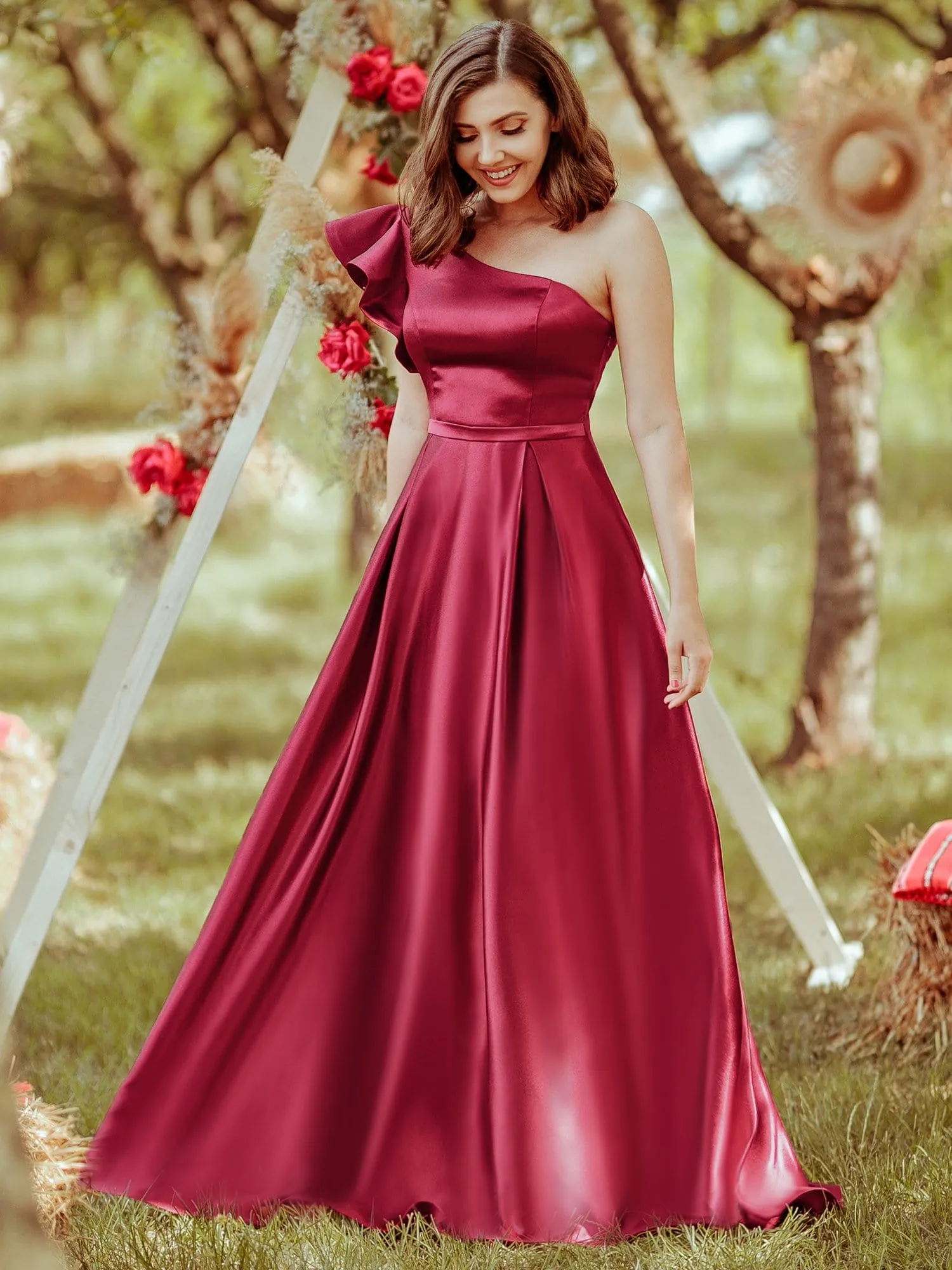 Gorgeous A-Line One-Shoulder Ruffle Sleeves Flattering Prom Dress