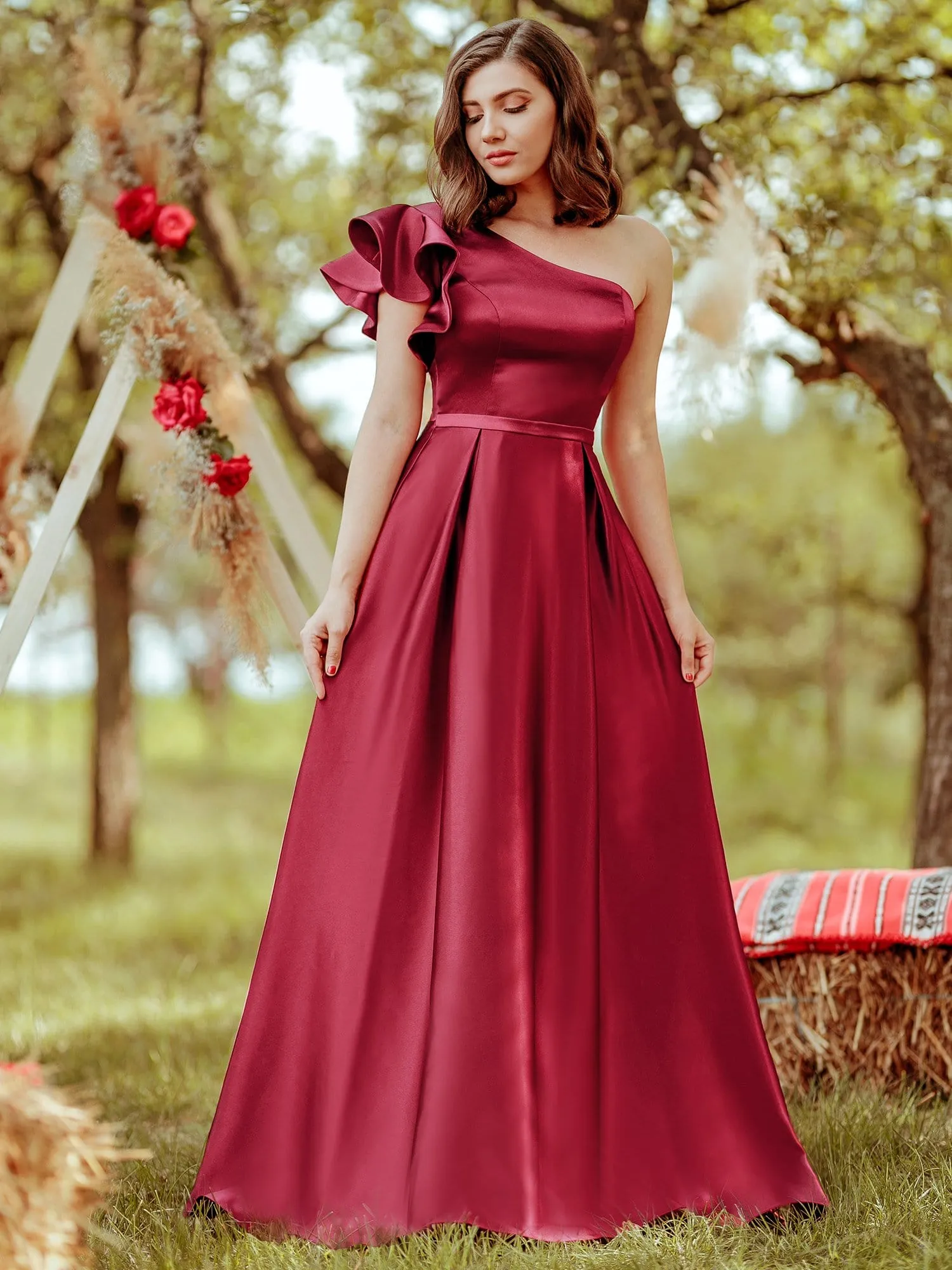 Gorgeous A-Line One-Shoulder Ruffle Sleeves Flattering Prom Dress