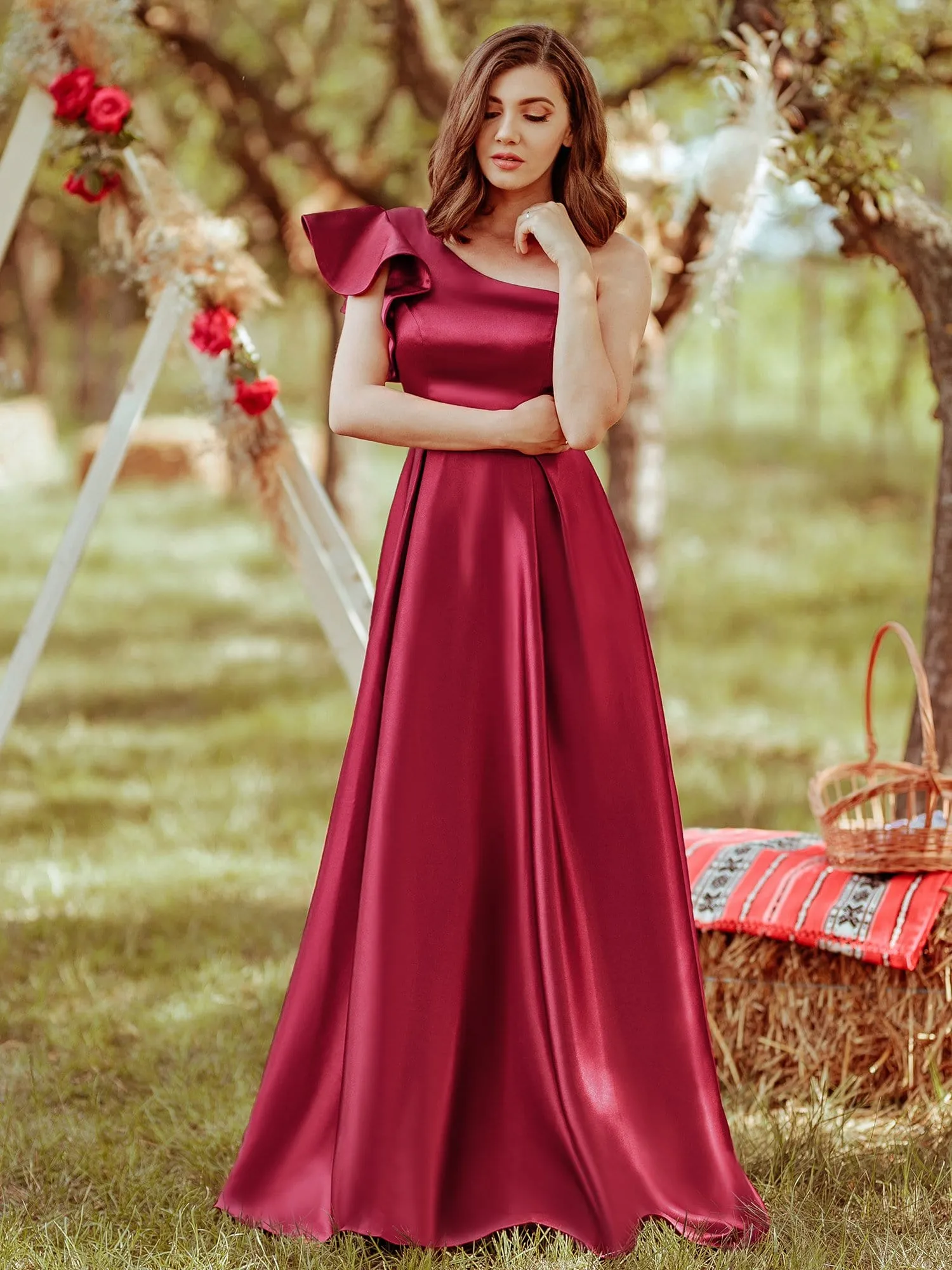 Gorgeous A-Line One-Shoulder Ruffle Sleeves Flattering Prom Dress