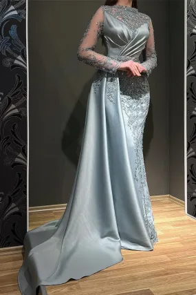 Gorgeous Long Mermaid Jewel Satin Appliques Lace Prom Dress with Sleeves