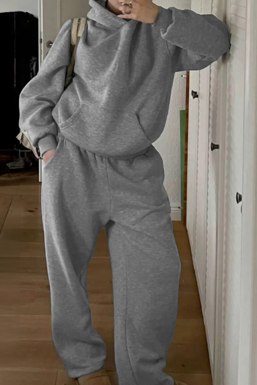 Gray Loose Warm Hooded Sweatshirt Sweatpants Two-piece Set