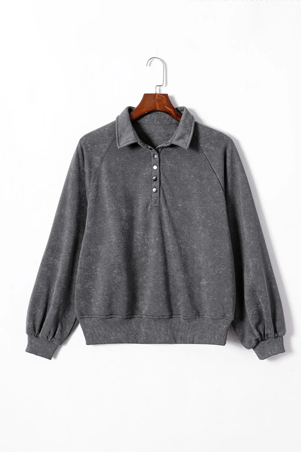 Gray Washed Snap Buttons Lantern Sleeve Pullover Sweatshirt