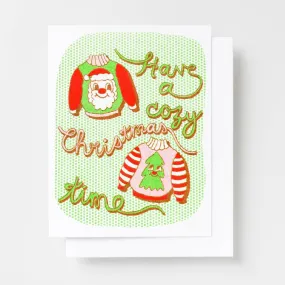 Have A Cozy Xmas Time Risograph Card - Christmas Sweaters