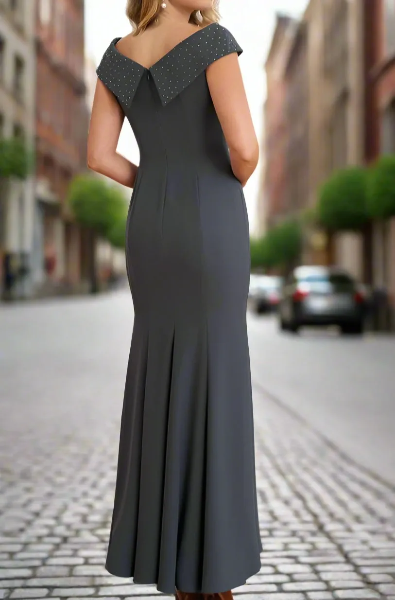 Jewel Neck Grey Column Long Mother of The Bride Dresses