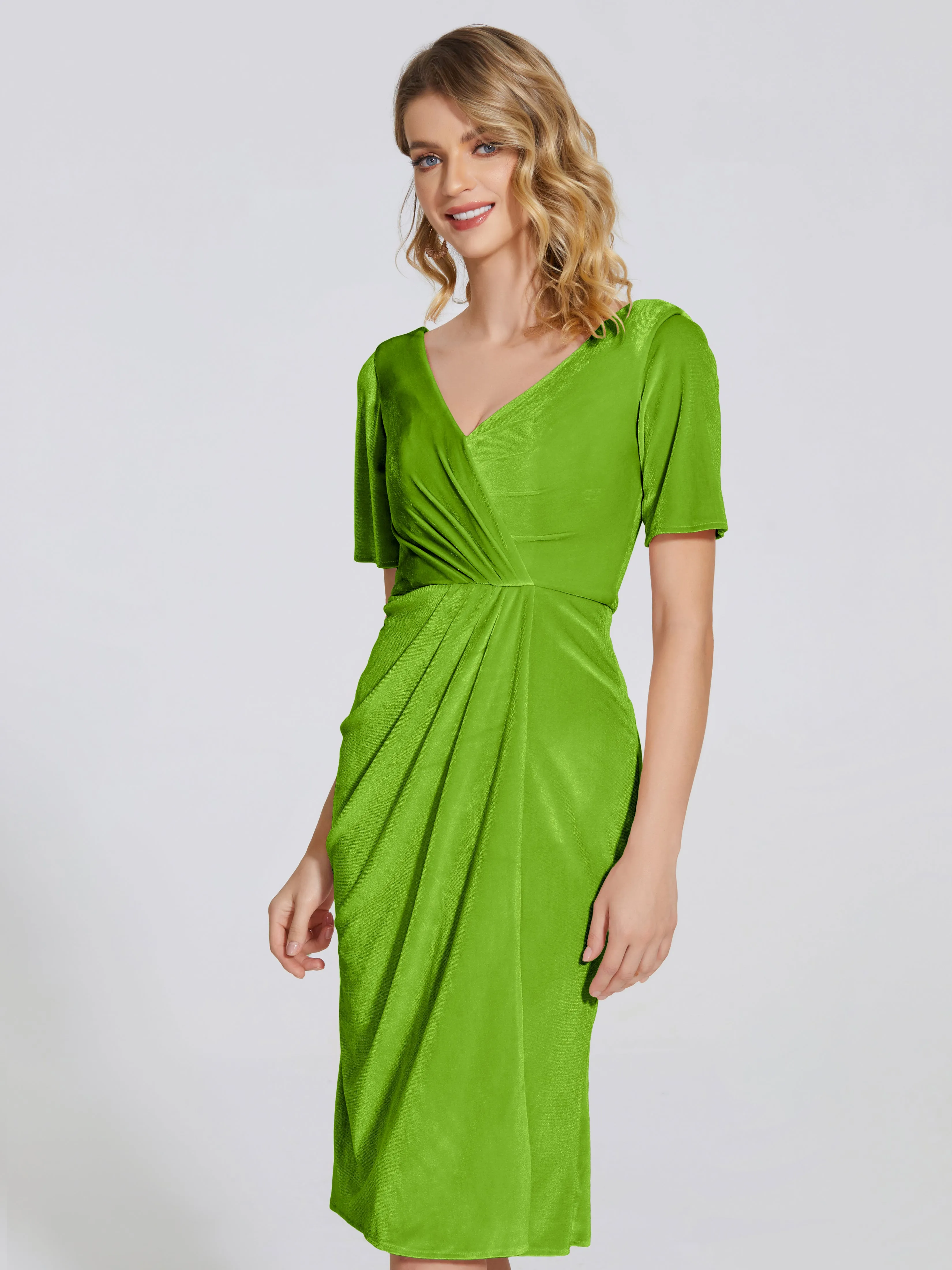 Kendall Flattering V-neck Knee Length Velvet Bridesmaid Dresses