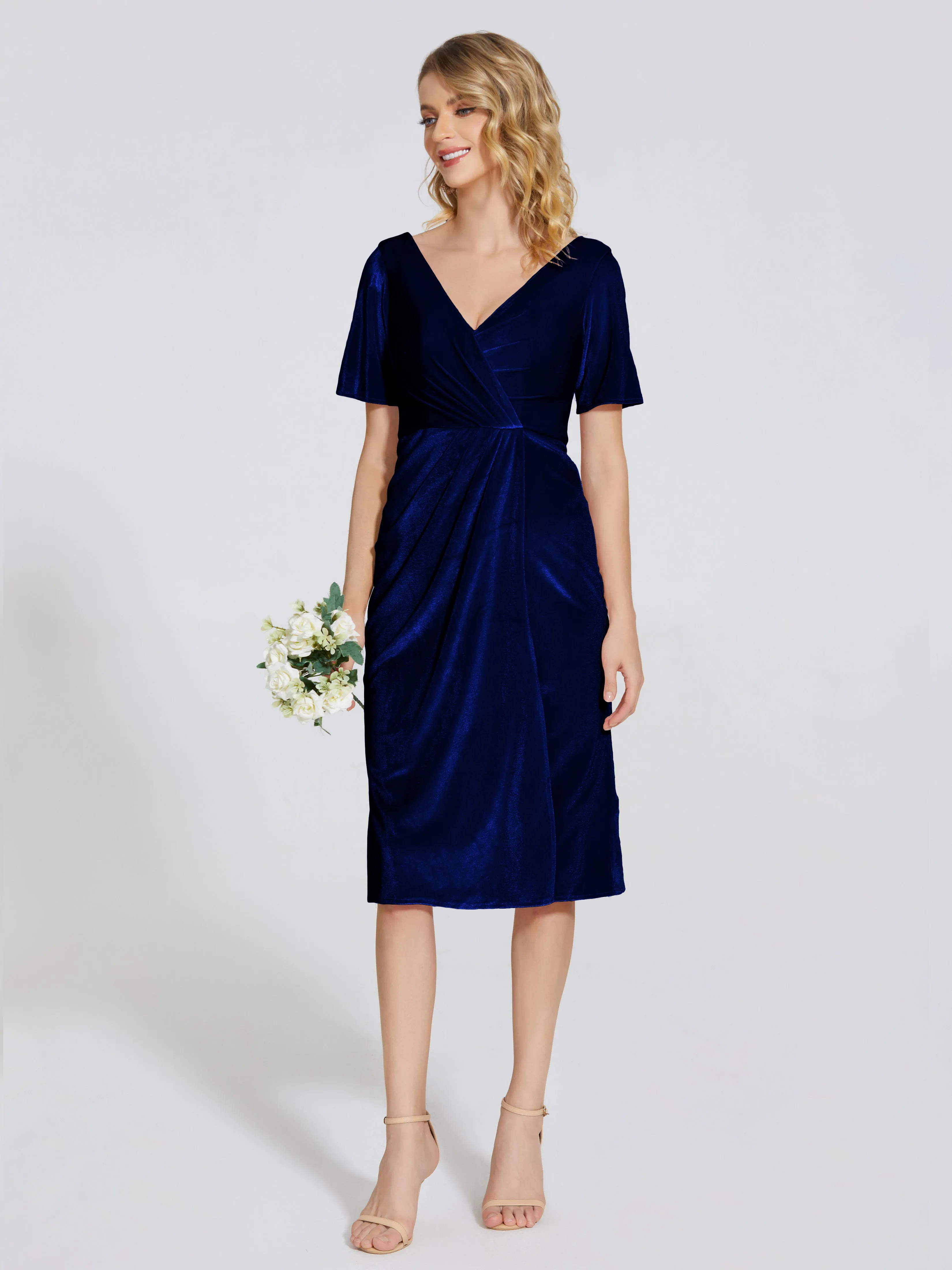 Kendall Flattering V-neck Knee Length Velvet Bridesmaid Dresses