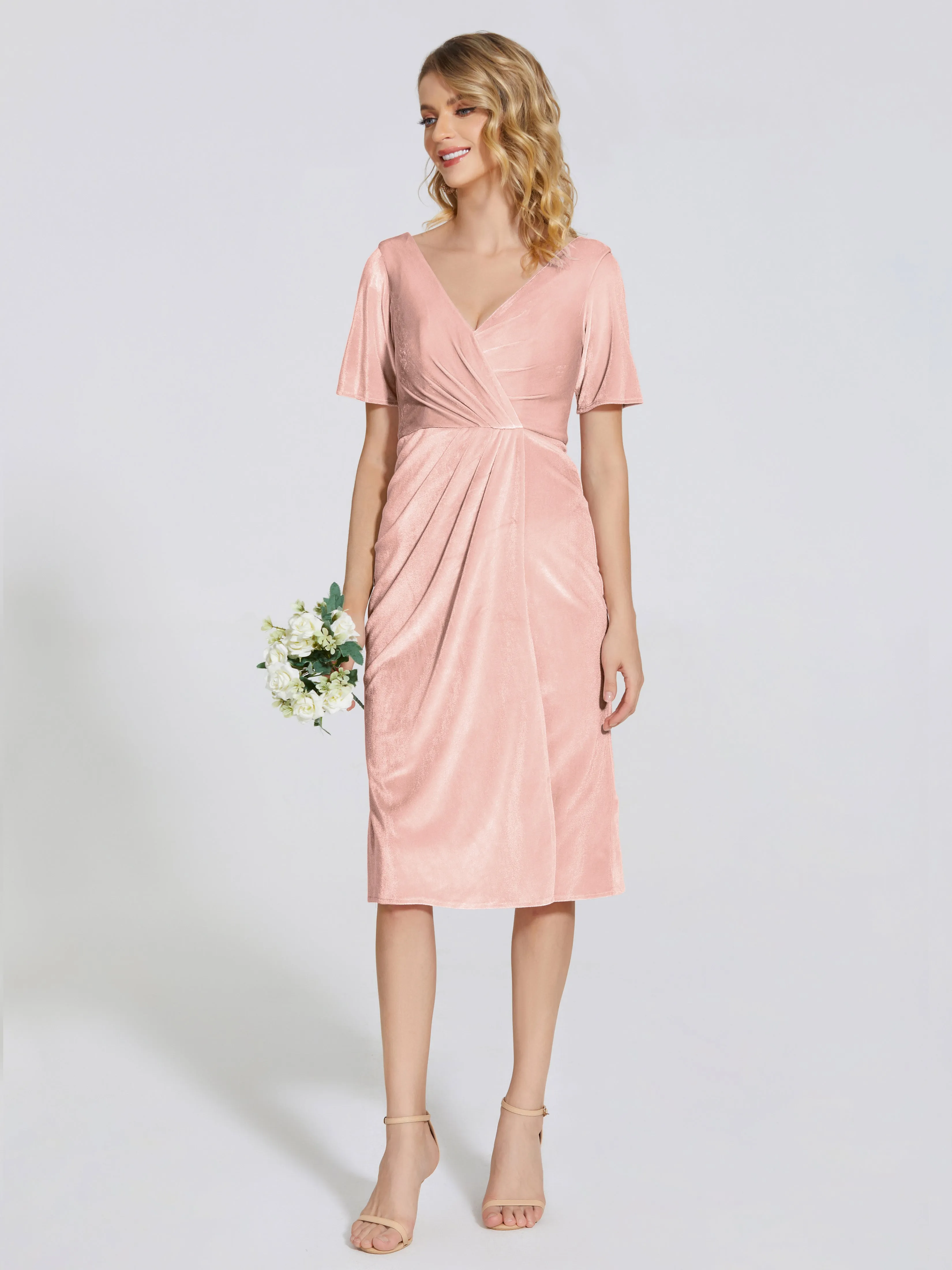 Kendall Flattering V-neck Knee Length Velvet Bridesmaid Dresses