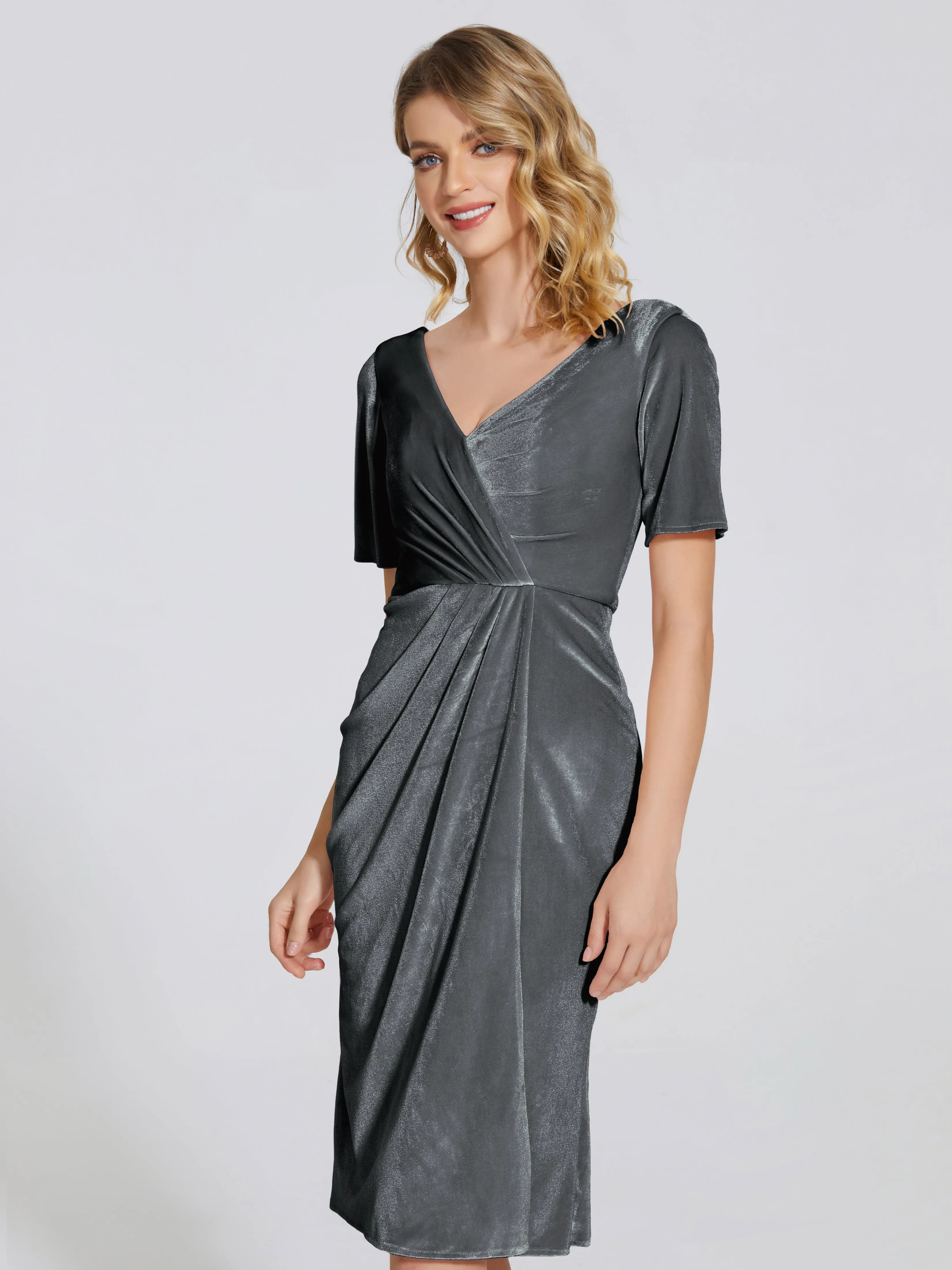 Kendall Flattering V-neck Knee Length Velvet Bridesmaid Dresses