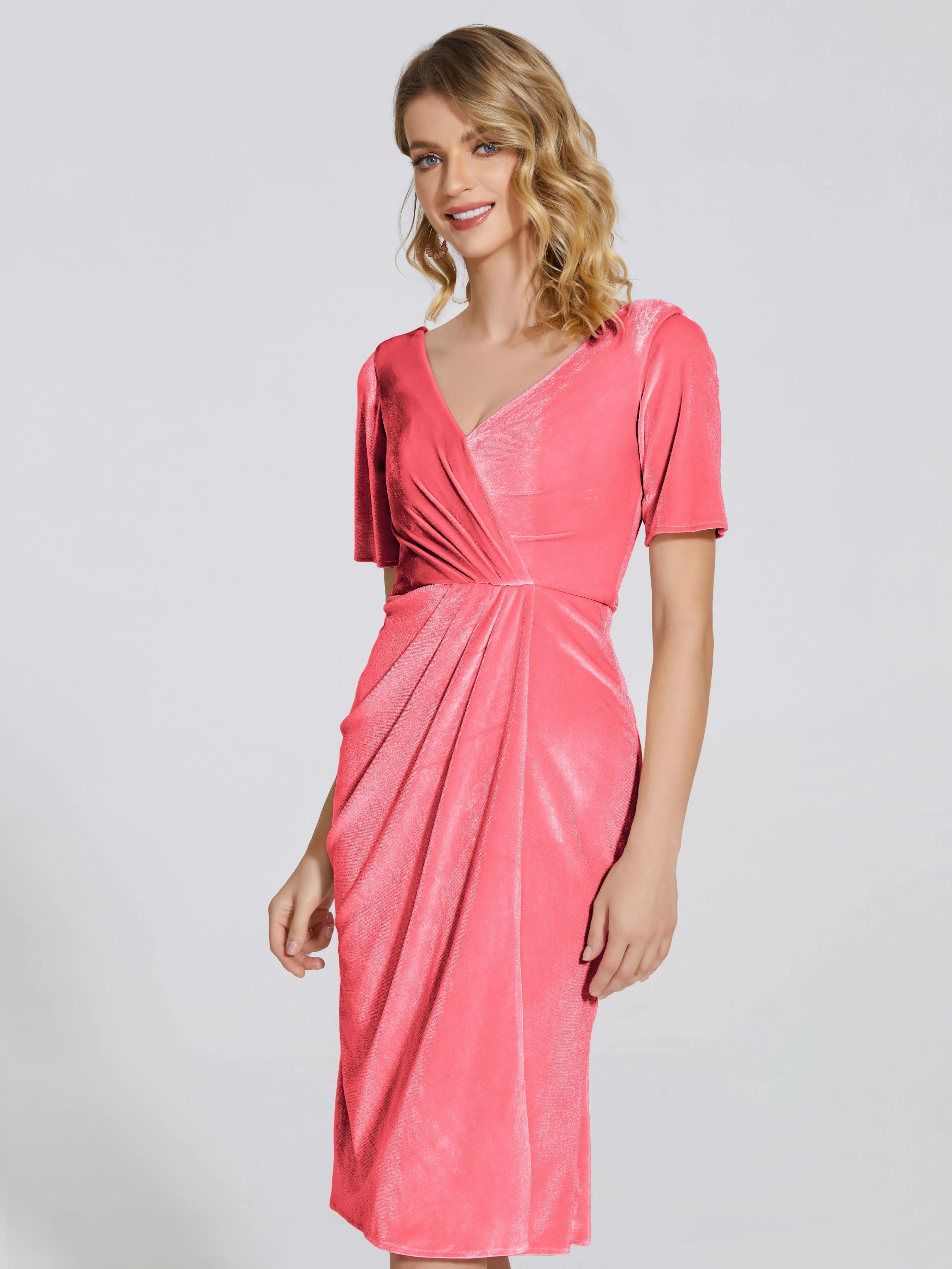 Kendall Flattering V-neck Knee Length Velvet Bridesmaid Dresses