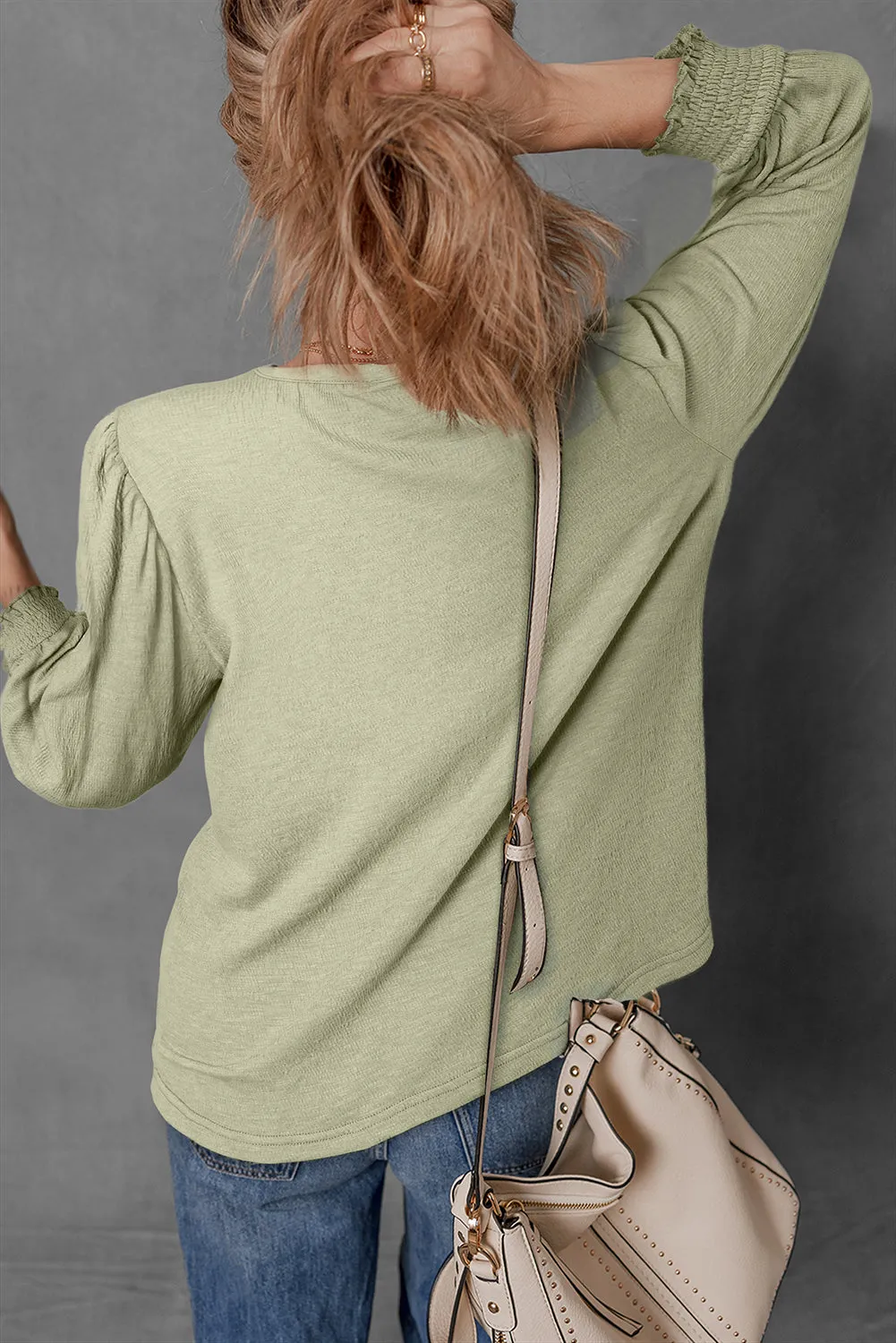 Laurel Green Textured Round Neck Half Sleeve Blouse