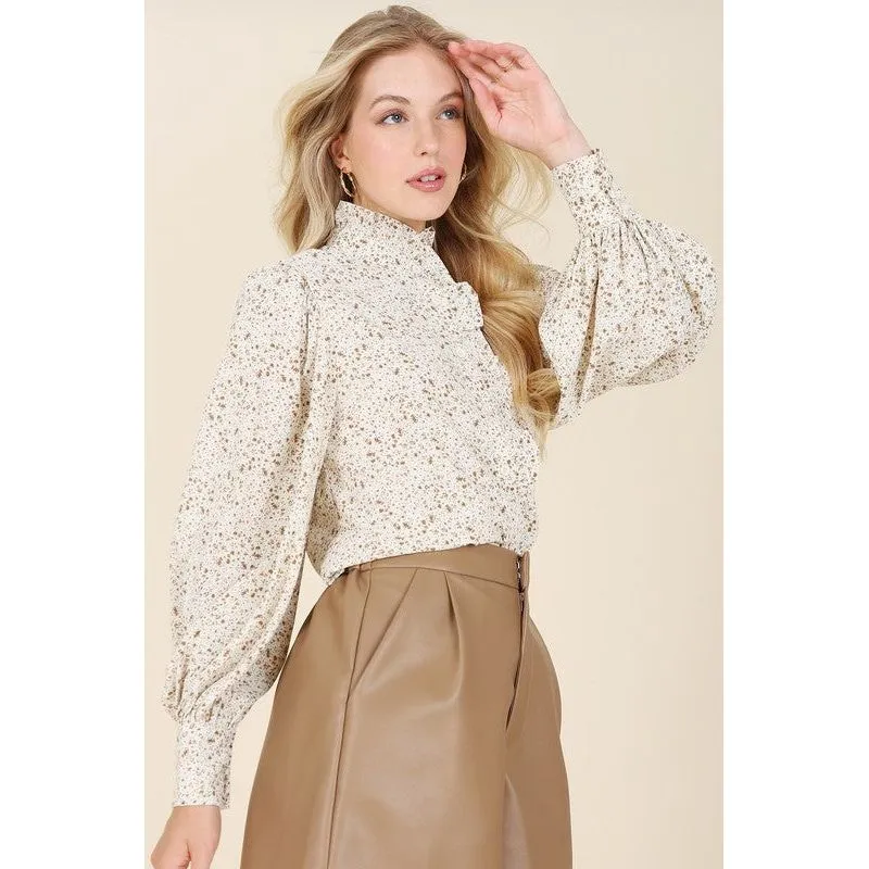 LILOU Stand Collar Floral Frill Blouse