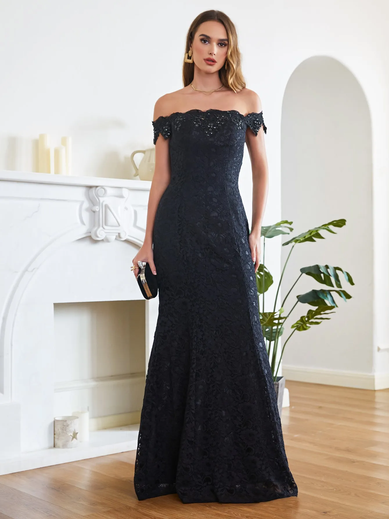 Long Off the Shoulder Lace Floor Length Mermaid Evening Dresses