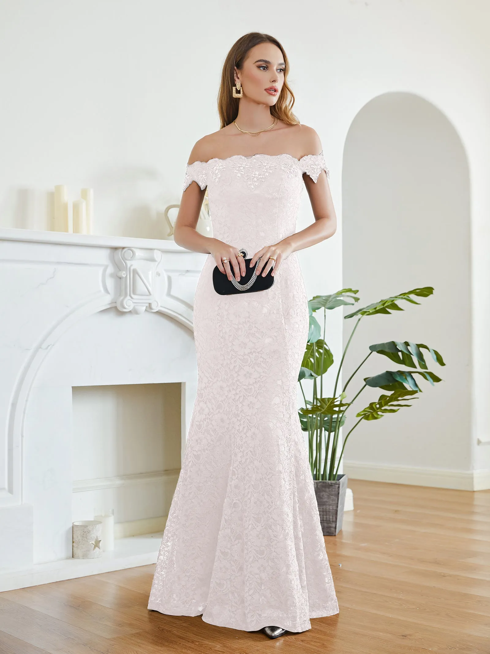 Long Off the Shoulder Lace Floor Length Mermaid Evening Dresses