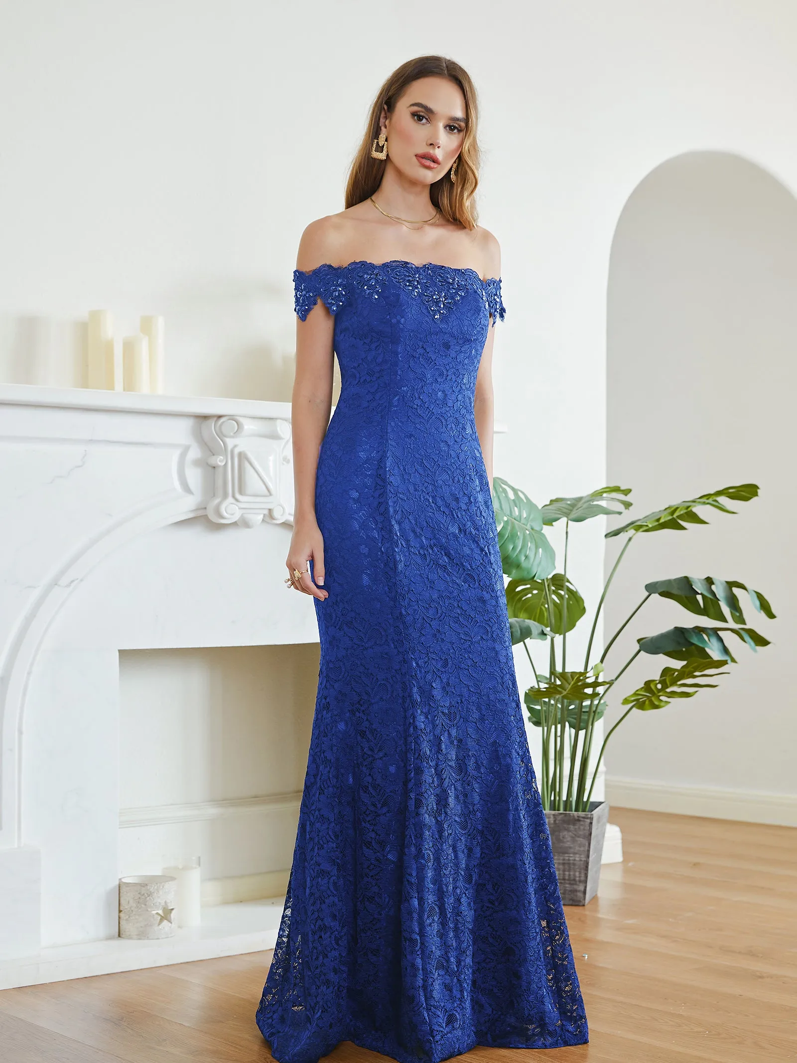 Long Off the Shoulder Lace Floor Length Mermaid Evening Dresses