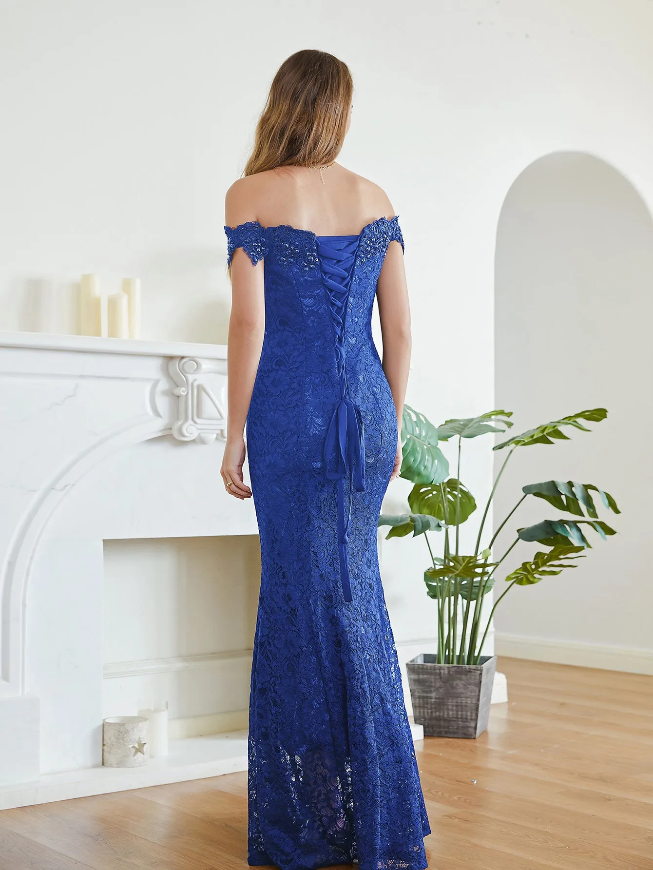 Long Off the Shoulder Lace Floor Length Mermaid Evening Dresses