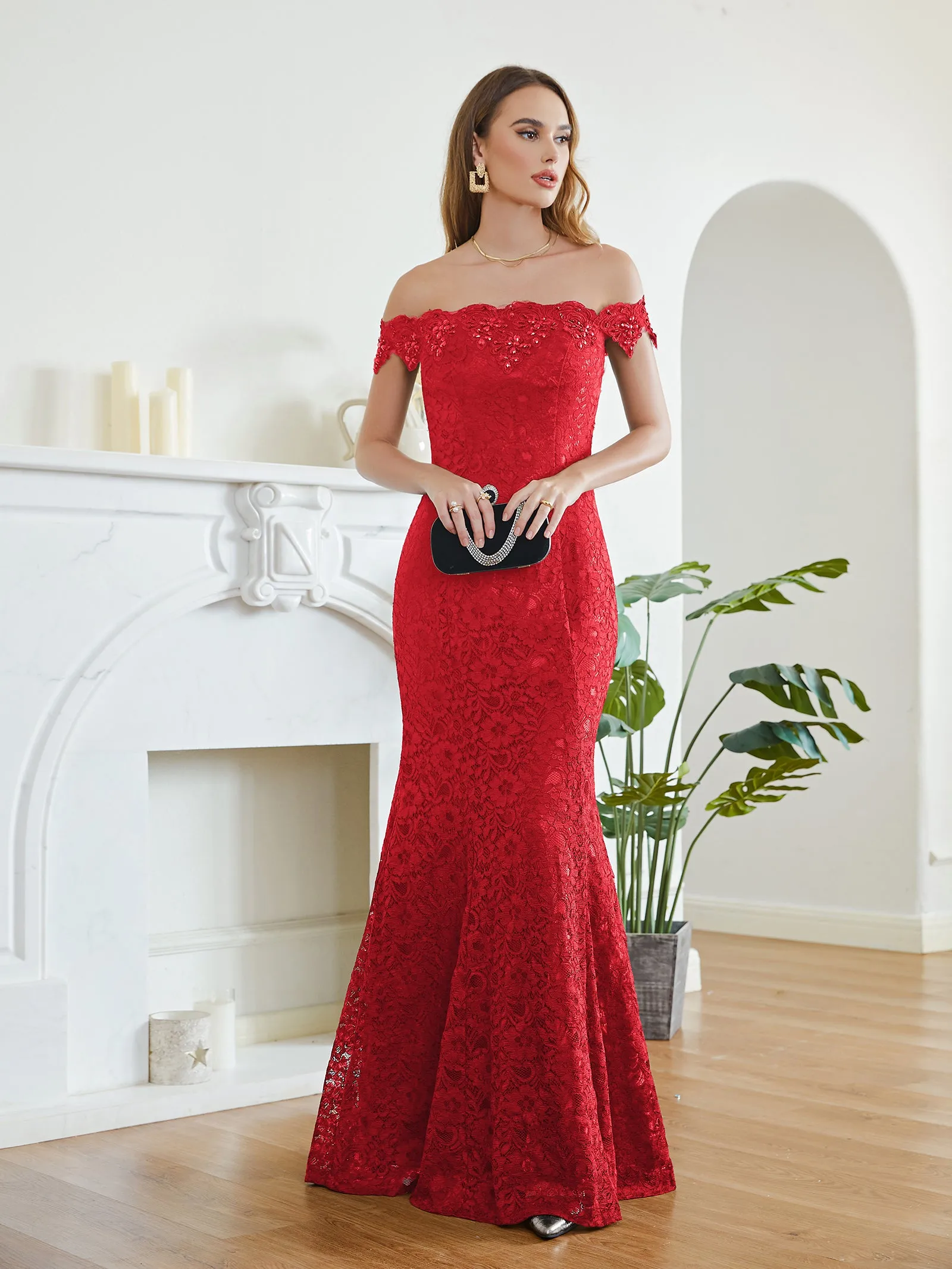 Long Off the Shoulder Lace Floor Length Mermaid Evening Dresses