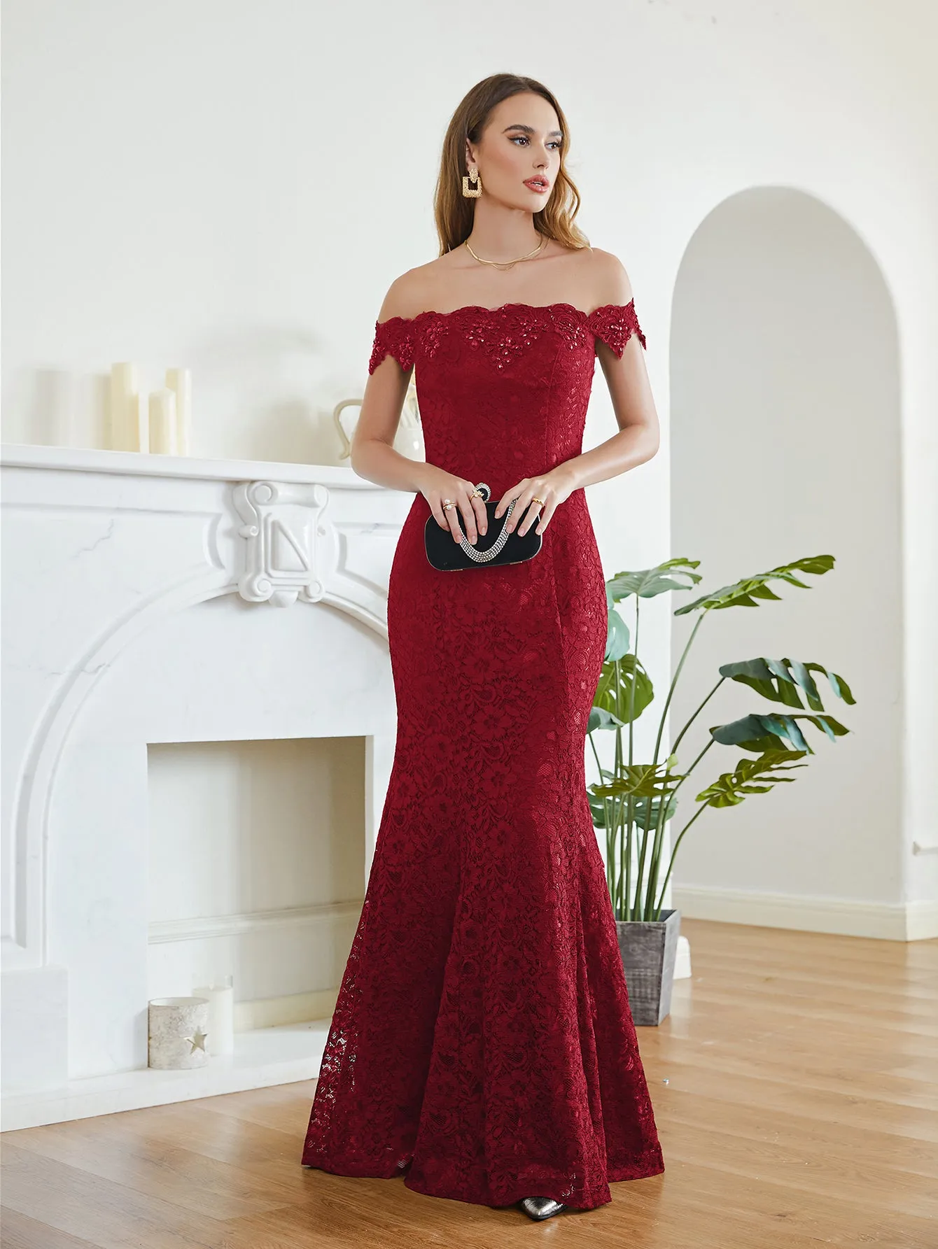 Long Off the Shoulder Lace Floor Length Mermaid Evening Dresses