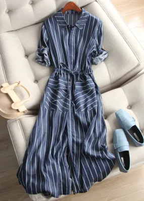 Loose Striped Button Lace Up Denim Blouses Dress Half Sleeve F4180