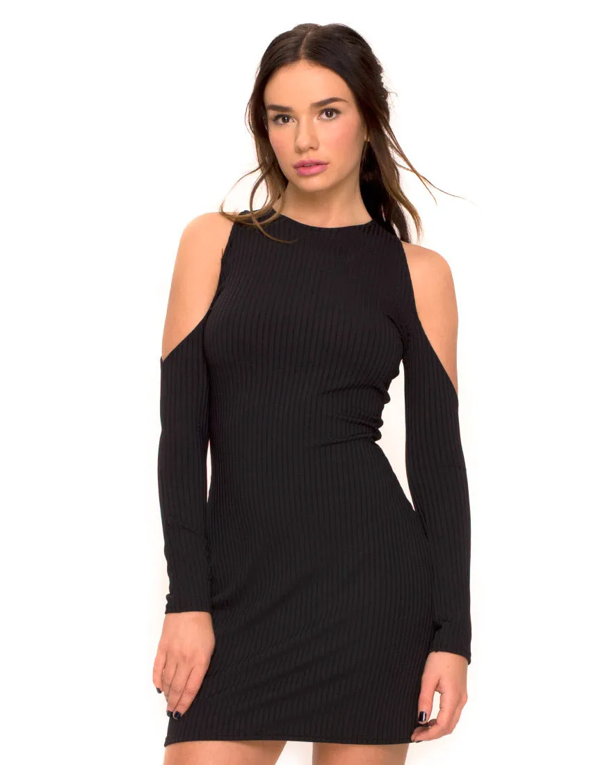 Marsha Cold Shoulder Dress in Black Rib