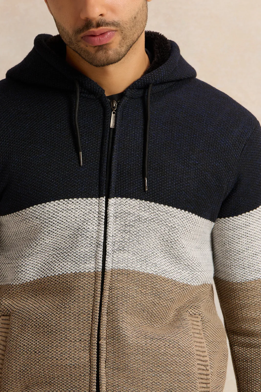 Men Beige And Navy Knitted Hooded Pullover