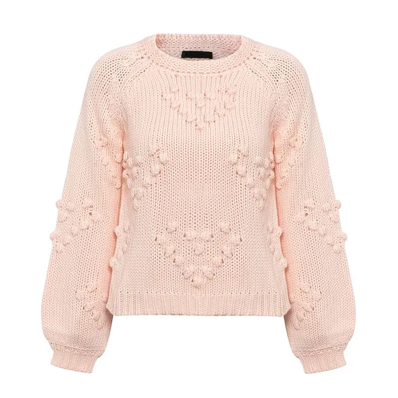 Mossha Pink lantern sleeve Casual knitted sweater women 2019 Autumn Winter Jumper o-neck Loose Pompon Pullovers female sweater