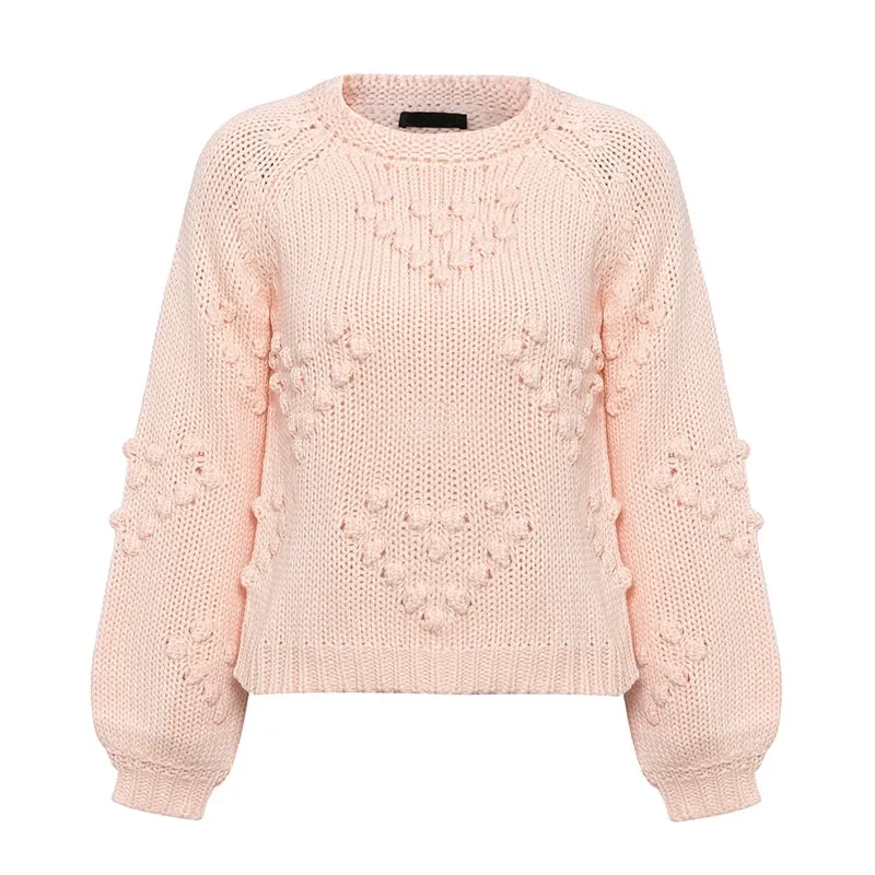 Mossha Pink lantern sleeve Casual knitted sweater women 2019 Autumn Winter Jumper o-neck Loose Pompon Pullovers female sweater