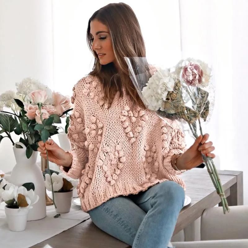 Mossha Pink lantern sleeve Casual knitted sweater women 2019 Autumn Winter Jumper o-neck Loose Pompon Pullovers female sweater