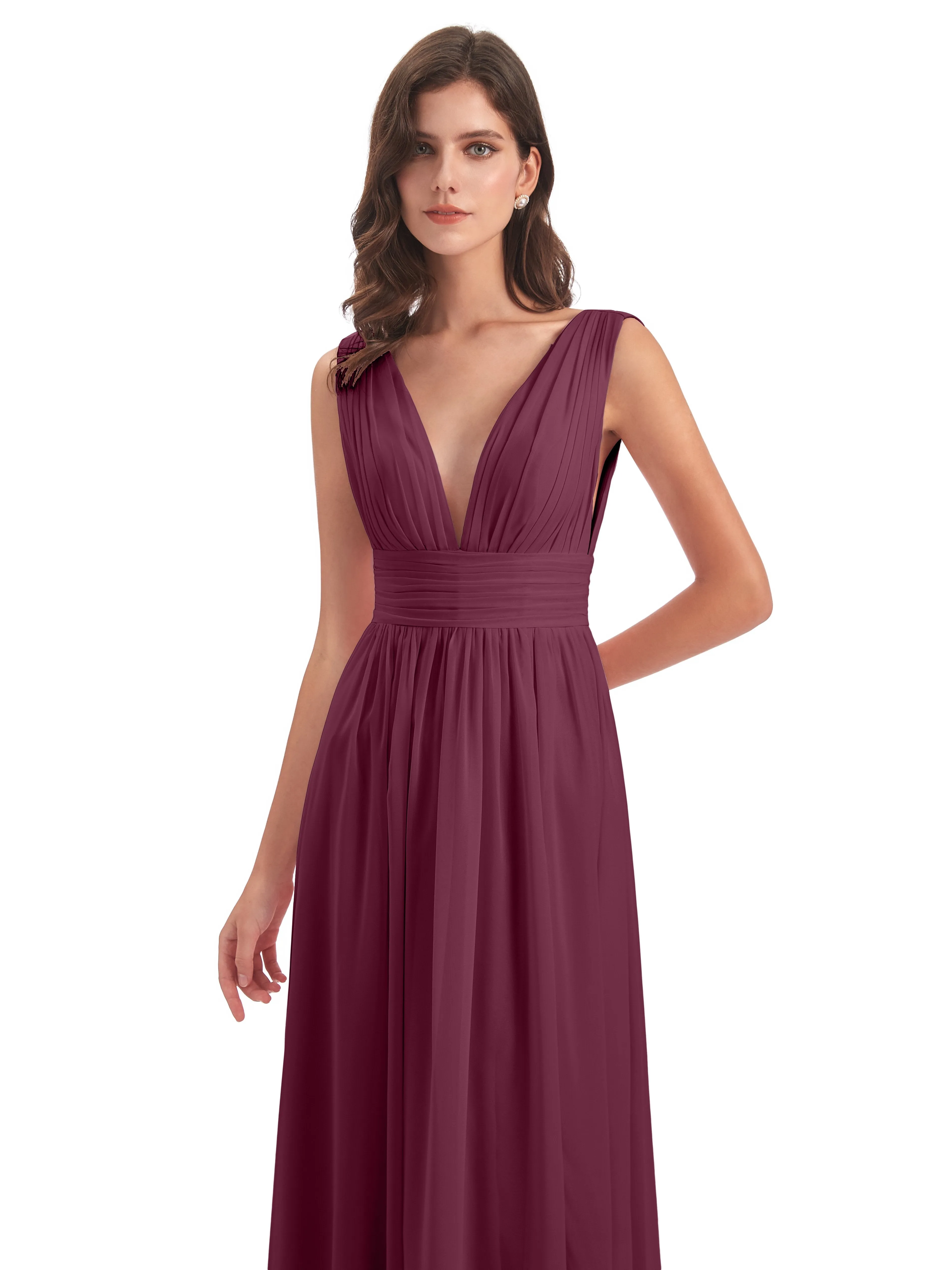 Mulberry Colour Bridesmaid Dresses Charming Chiffon V Neck Split Long Bridesmaid Dresses