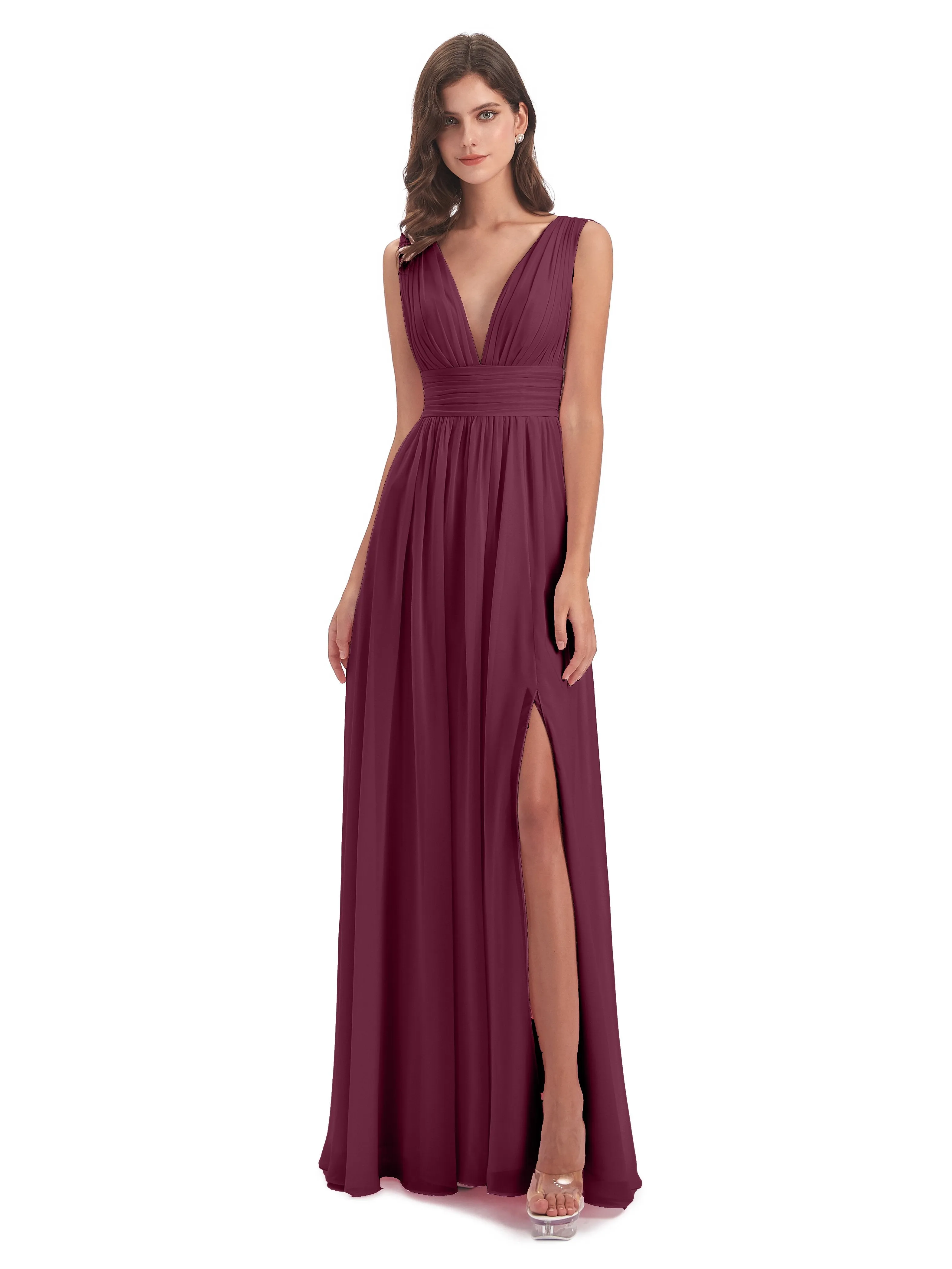 Mulberry Colour Bridesmaid Dresses Charming Chiffon V Neck Split Long Bridesmaid Dresses