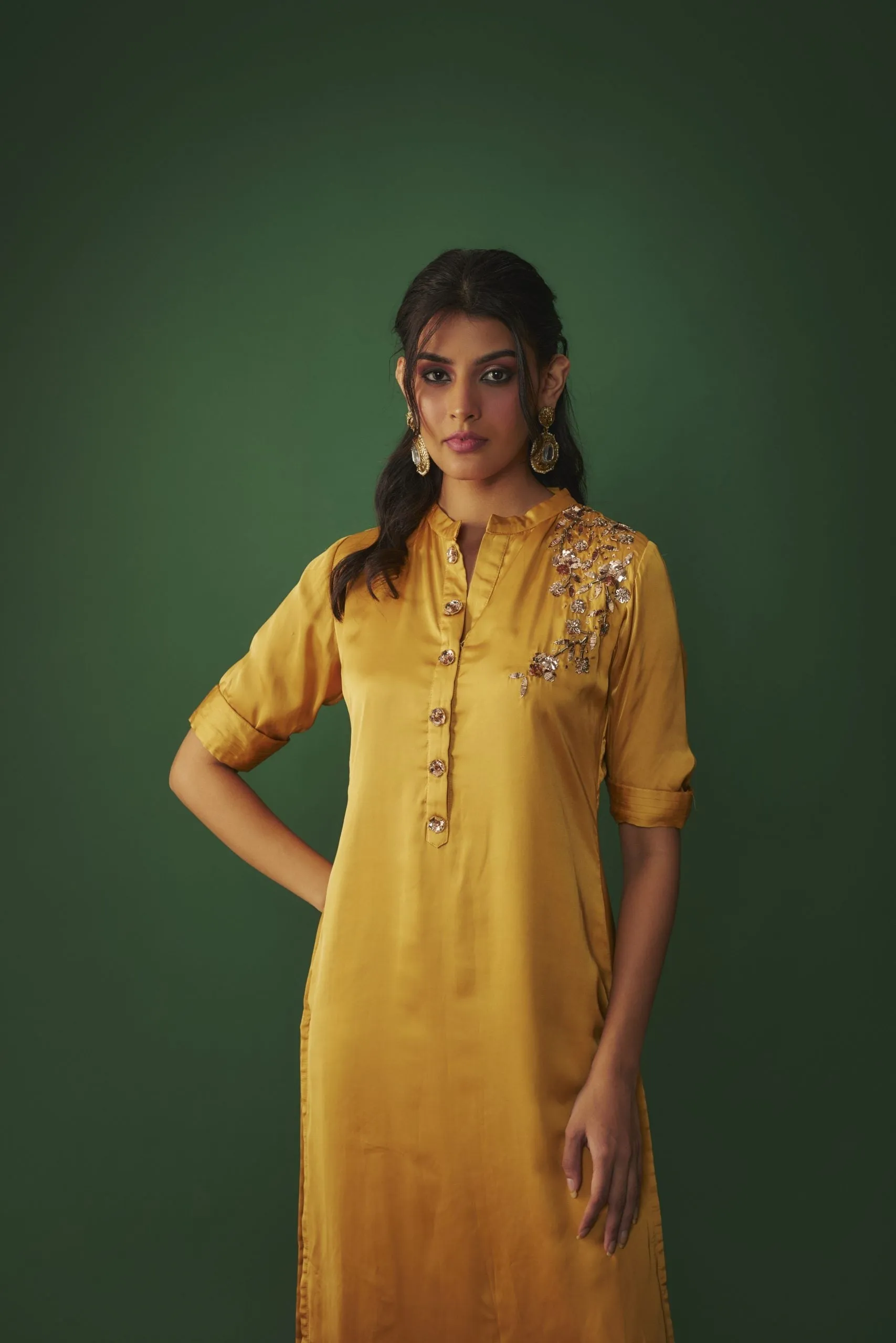 MUSTARD YELLOW MUKAISH EMBRODIERED KURTA AND PANTS SET