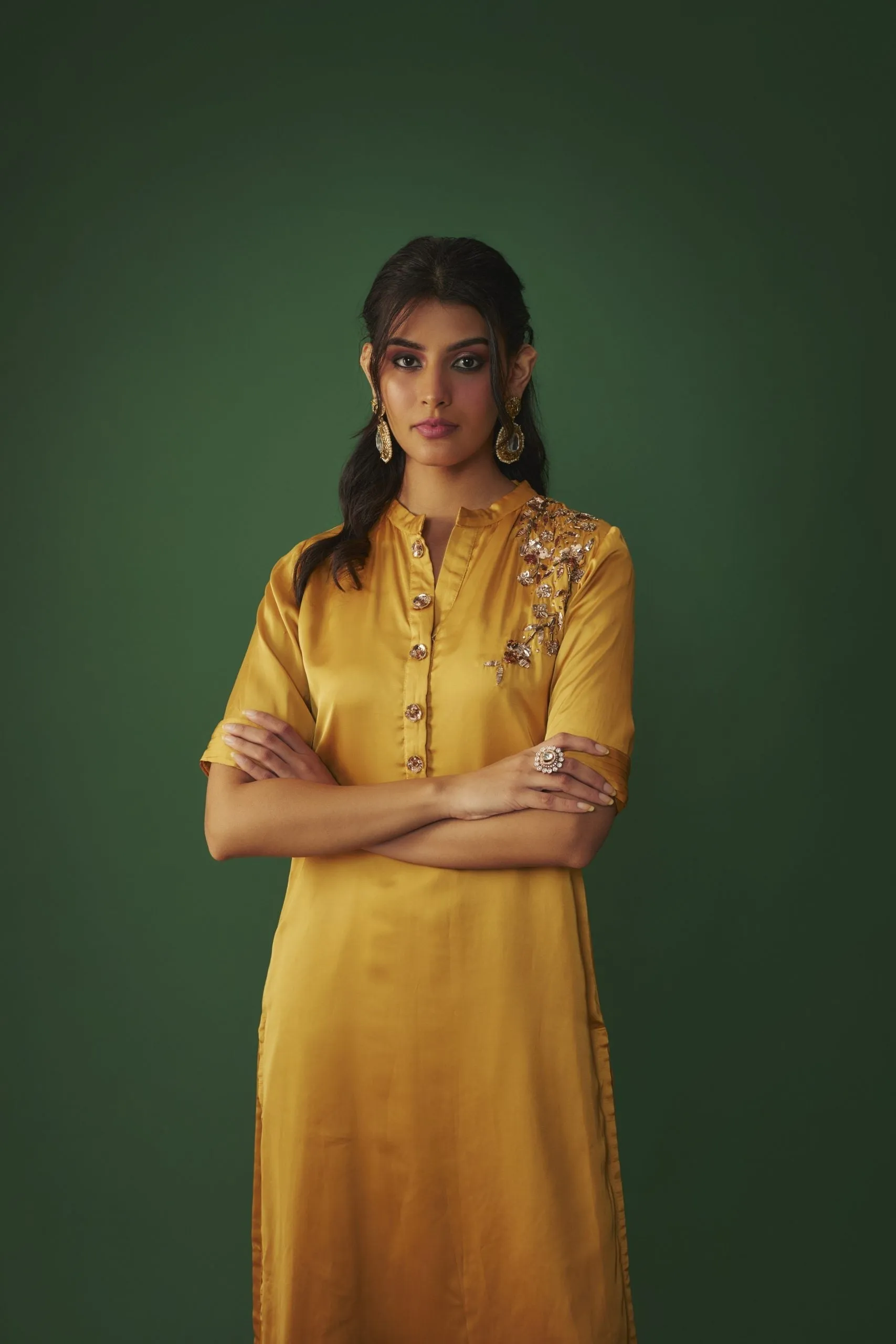 MUSTARD YELLOW MUKAISH EMBRODIERED KURTA AND PANTS SET