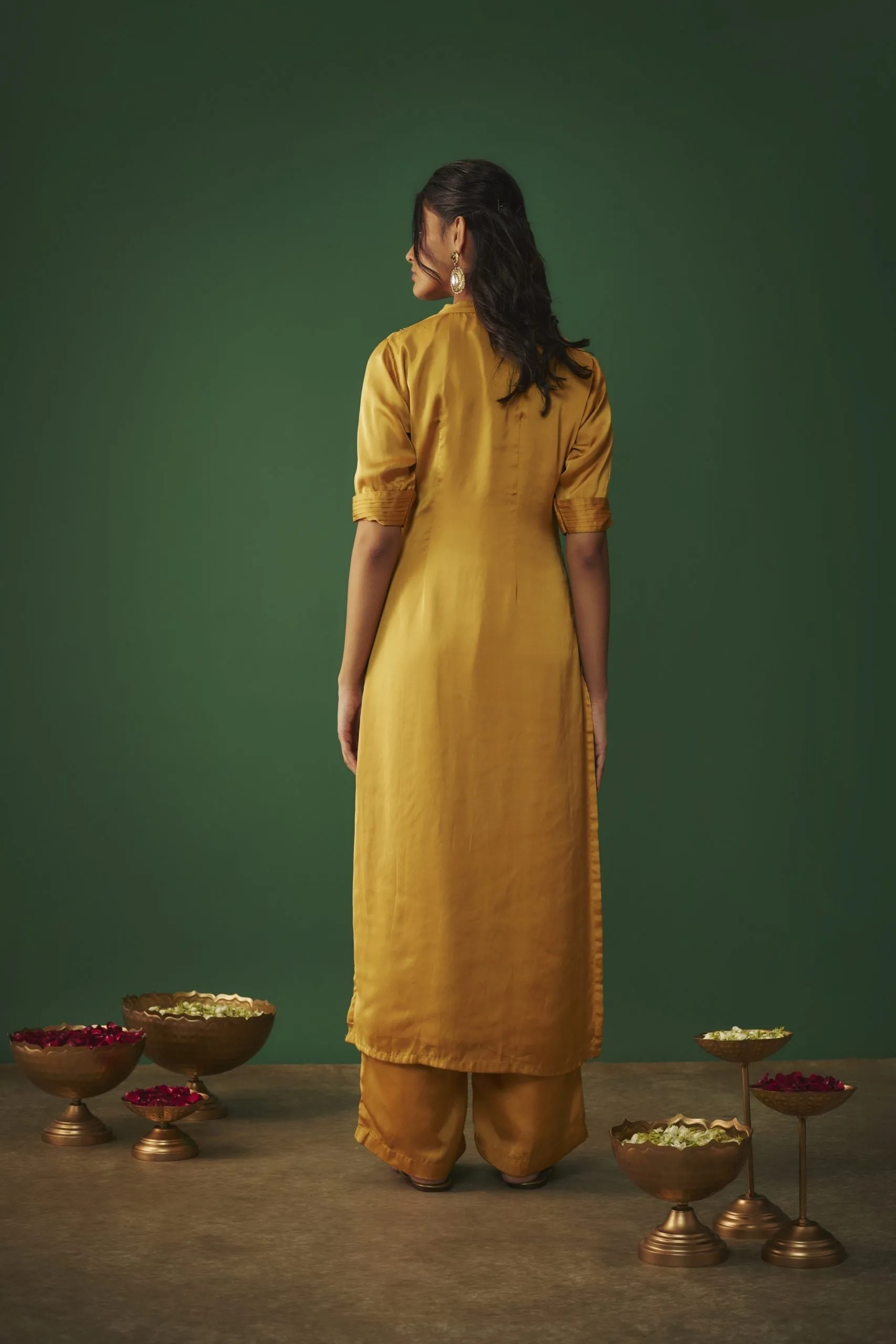 MUSTARD YELLOW MUKAISH EMBRODIERED KURTA AND PANTS SET