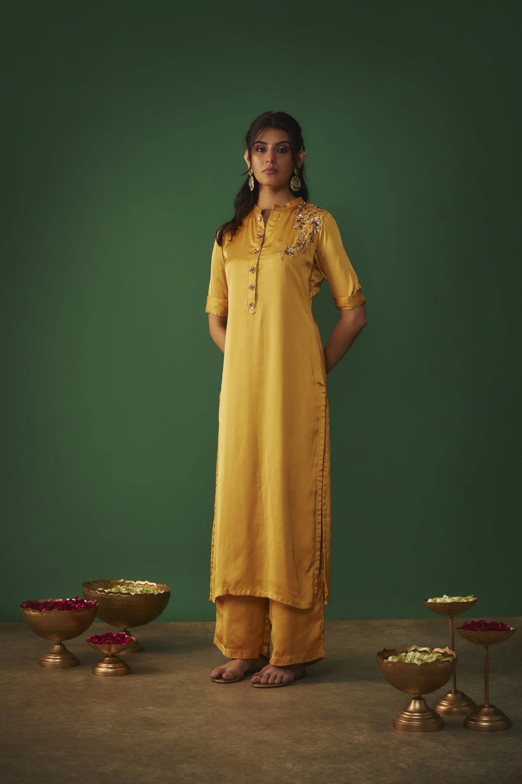 MUSTARD YELLOW MUKAISH EMBRODIERED KURTA AND PANTS SET