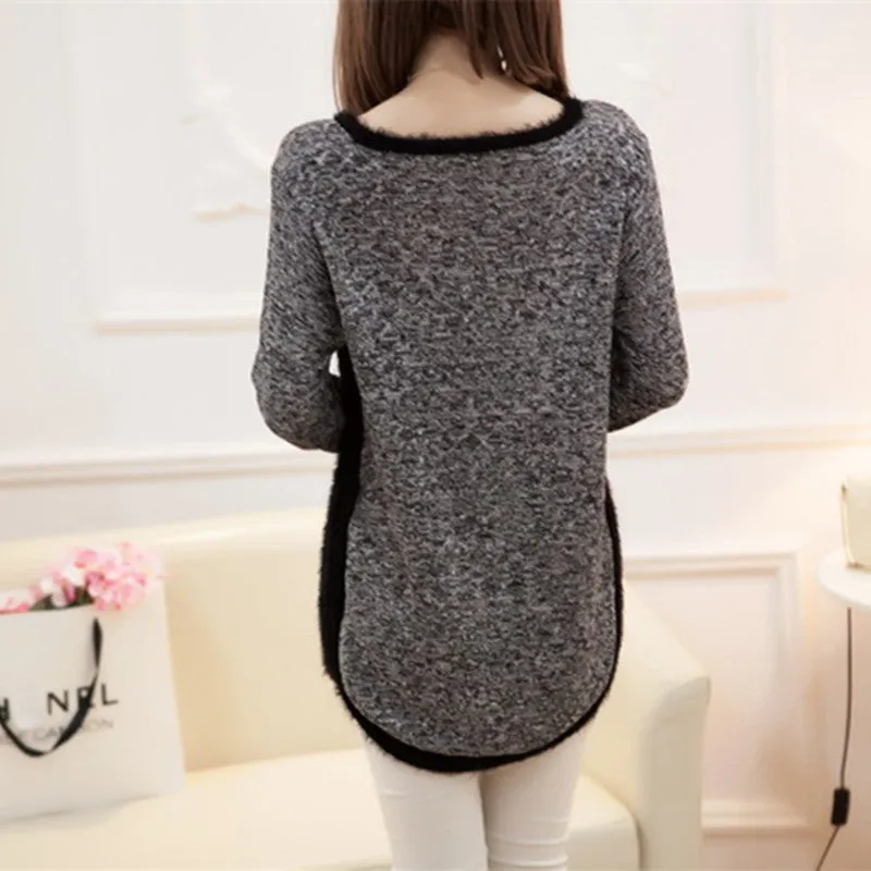 New Fashion Autumn  Brand Female Mohair Pullover Loose Sweater Knitted Long Sleeve O-neck Gray Pullovers Hot Sale Sweater