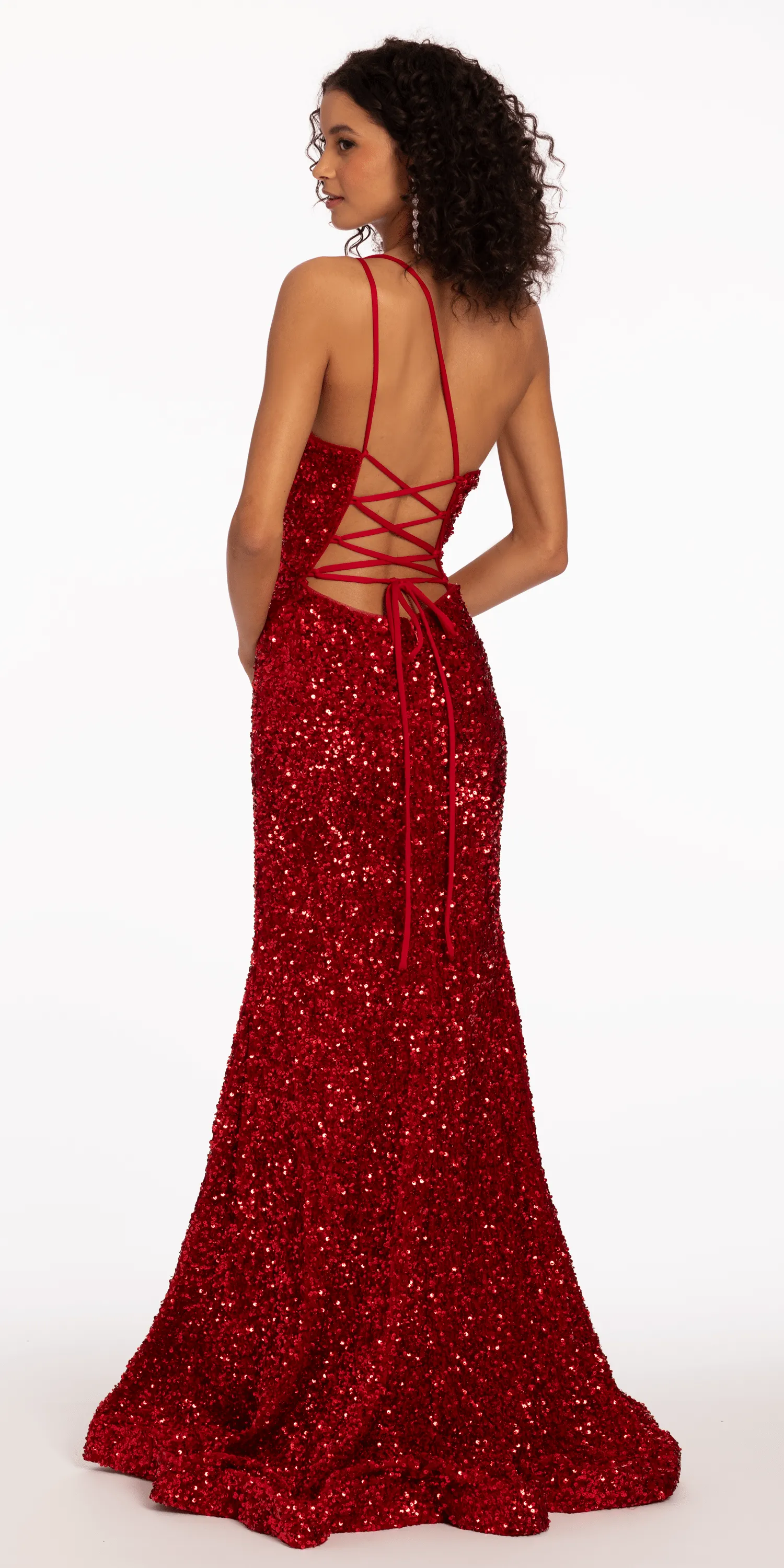 One Keyhole Shoulder Sequin Lace Up Back Mermaid Dress with Side Slit