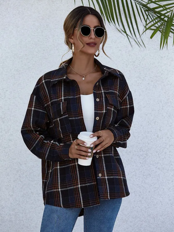 Oversized Casual Warm Tan Plaid Shacket Flannel Shirt Jacket