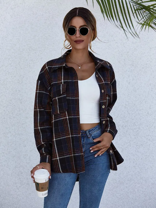 Oversized Casual Warm Tan Plaid Shacket Flannel Shirt Jacket