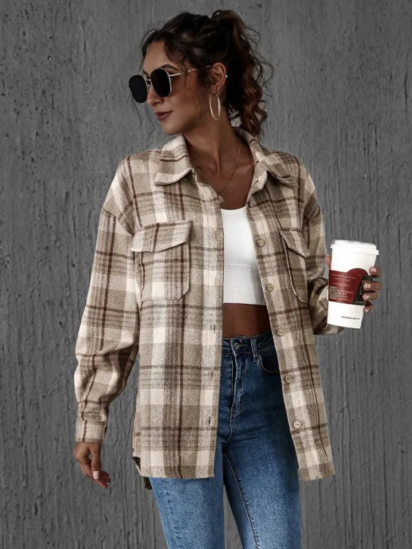 Oversized Casual Warm Tan Plaid Shacket Flannel Shirt Jacket