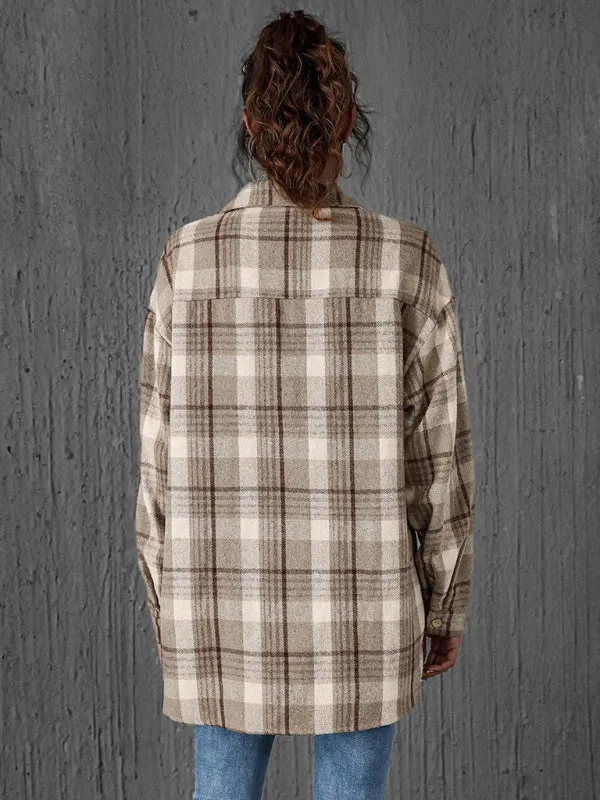 Oversized Casual Warm Tan Plaid Shacket Flannel Shirt Jacket