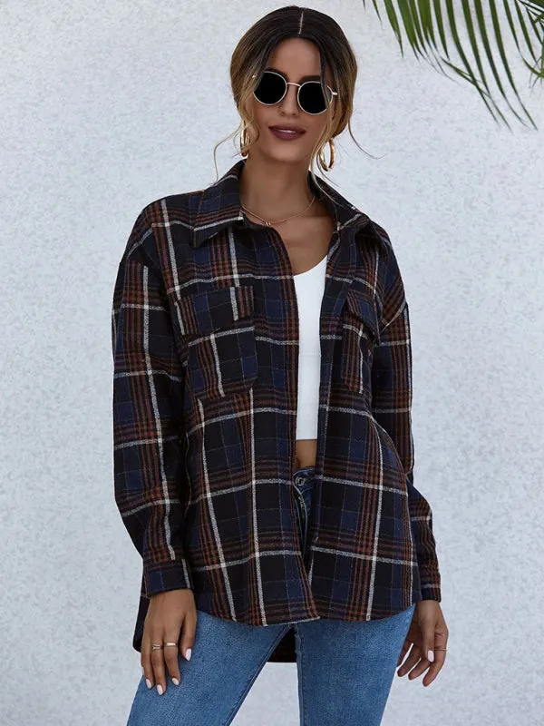 Oversized Casual Warm Tan Plaid Shacket Flannel Shirt Jacket