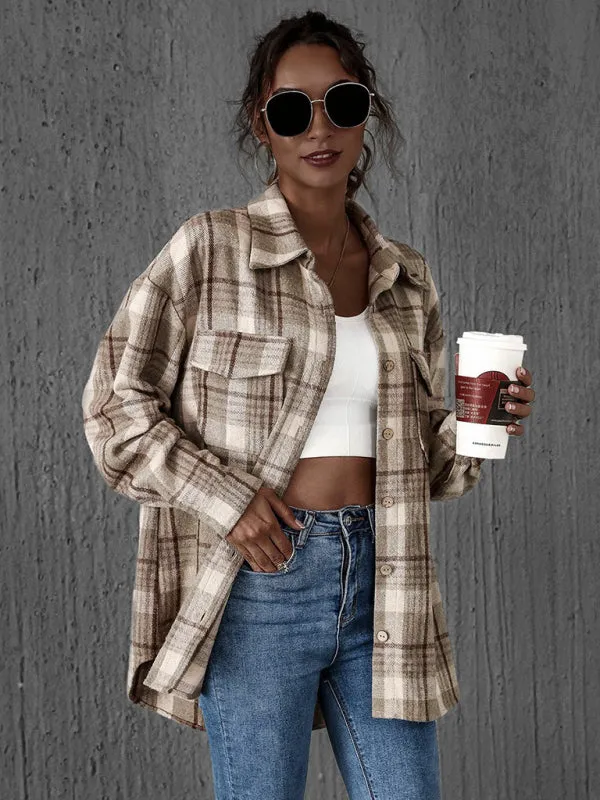 Oversized Casual Warm Tan Plaid Shacket Flannel Shirt Jacket